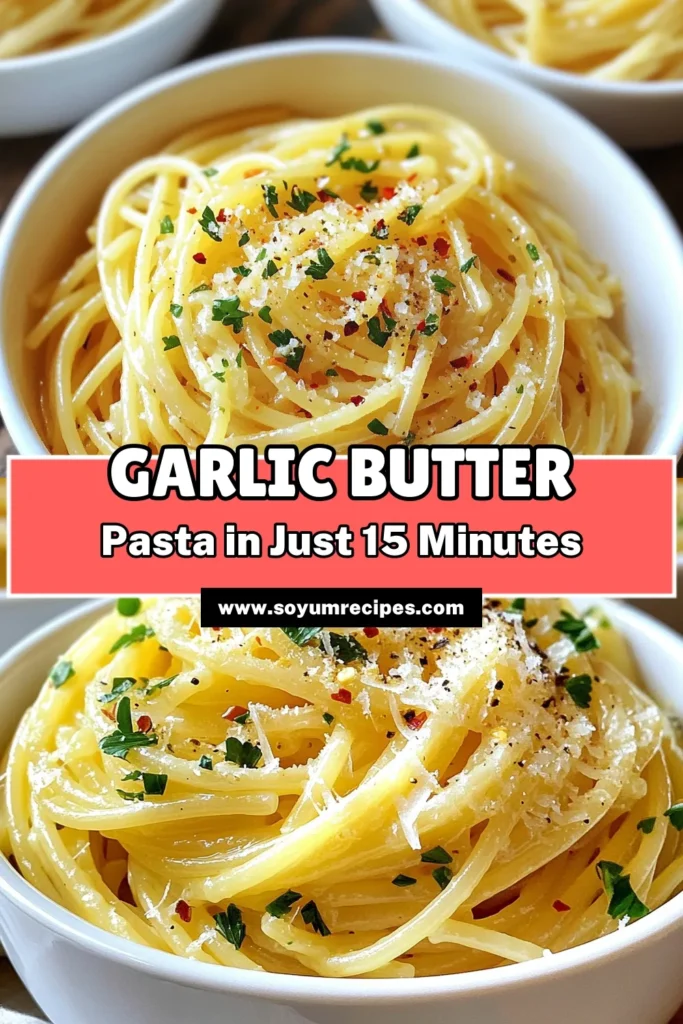 Looking for a quick dinner idea? Try this Minute Garlic Butter Pasta! This easy garlic pasta combines creamy butter and fragrant garlic for a delicious spaghetti with garlic that takes only 15 minutes to make. Perfect for a weeknight meal, this garlic butter pasta is a must-try among quick pasta recipes. Delicious and satisfying, it’s the ultimate minute pasta dish. Save this recipe for your next meal! #GarlicButterPasta #QuickPastaRecipes #EasyGarlicPasta #MinutePastaDishes