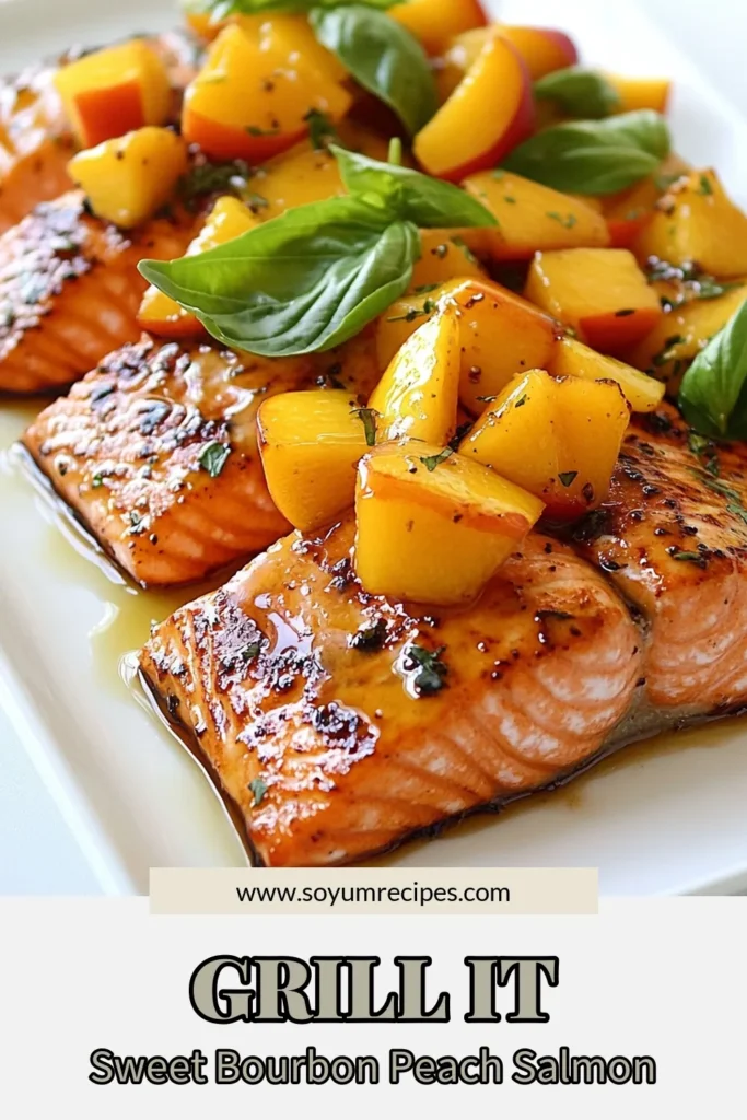 Discover the mouthwatering Bourbon Peach Salmon recipe that will elevate your summer dining experience! This easy summer salmon dish features grilled salmon with peaches, drizzled with a delectable honey Dijon salmon glaze. Perfect for seafood lovers, this peach-infused seafood recipe is quick to prepare and sure to impress. Try it today and savor the flavors! Save this recipe for your next barbecue! #BourbonPeachSalmon #GrilledSalmon #SeafoodRecipes #SummerCooking