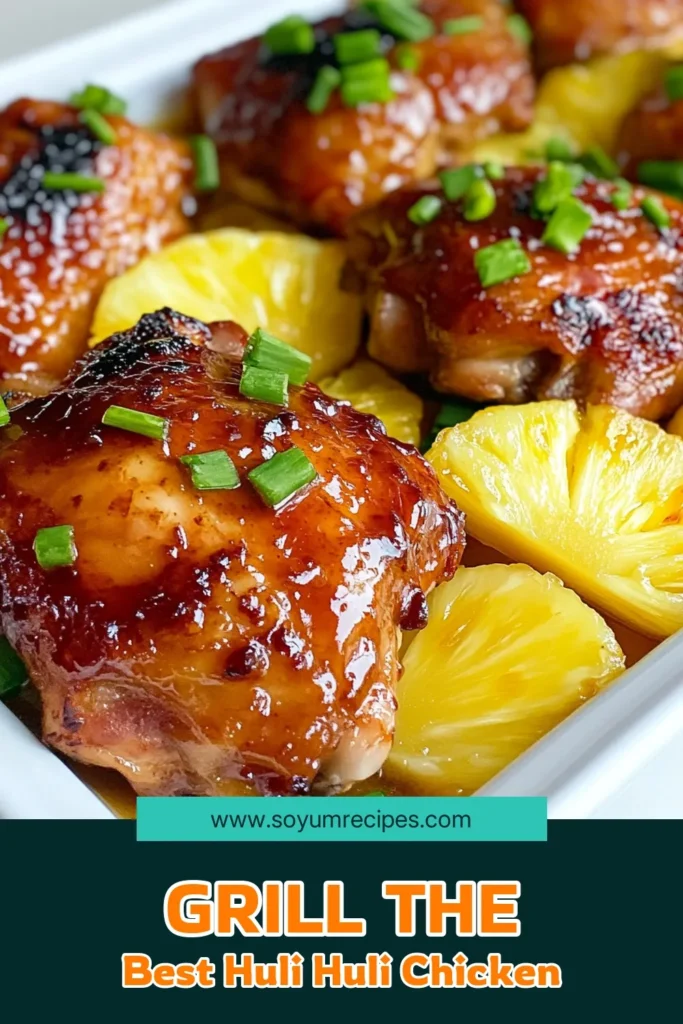Discover the ultimate Huli Huli Chicken recipe that brings authentic Hawaiian flavors to your table! This tropical chicken recipe features juicy grilled chicken thighs marinated in a savory-sweet blend of soy sauce, ginger, and pineapple juice. Perfect for summer grilling, learn how to make Huli Huli Chicken and impress your guests. Save this delicious recipe today! #HuliHuliChicken #AuthenticHawaiianCuisine #GrilledChicken #TropicalRecipes