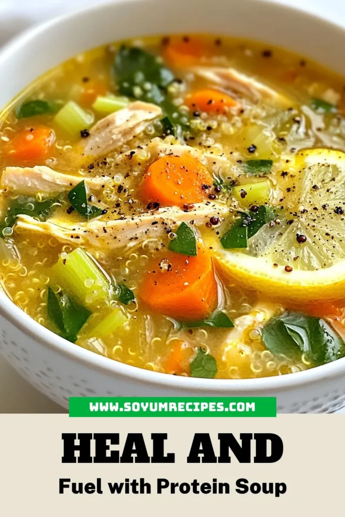 Savor the deliciousness of high protein chicken soup with this easy protein-packed soup recipe! Featuring quinoa for extra nutrition, this healthy chicken soup recipe is perfect for a cozy night in. With low sodium chicken broth, it's a guilt-free indulgence. Whip up this satisfying quinoa chicken soup in just 35 minutes, and enjoy a hearty meal that's both nutritious and flavorful. Save this recipe for your next cooking session! #HighProteinChickenSoup #HealthyChickenSoup #QuinoaChickenSoup #EasyProteinPackedSoup