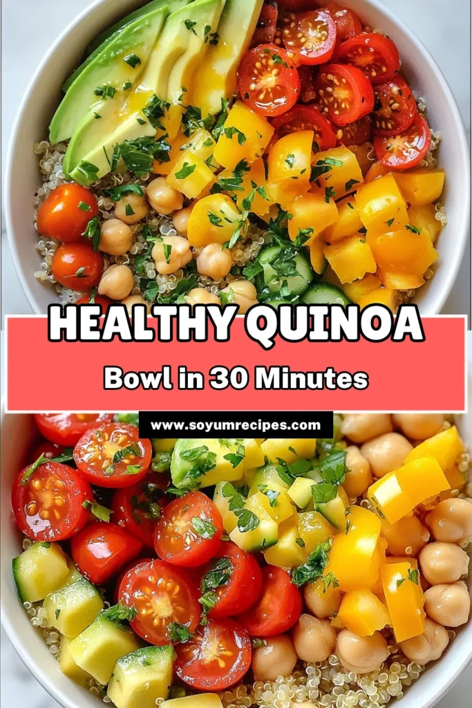 Discover a delicious diabetes-friendly recipe with this healthy quinoa bowl! Packed with nutritious ingredients like cherry tomatoes, cucumbers, and chickpeas, this low sodium quinoa dish is perfect for a light meal. Enjoy a vibrant vegetarian quinoa bowl that’s quick to prepare—just 30 minutes! Make this healthy quinoa salad your go-to for satisfying meals that support your health goals. Save this recipe for your next cooking adventure! #DiabetesFriendly #QuinoaBowl #HealthySalad #VegetarianDish