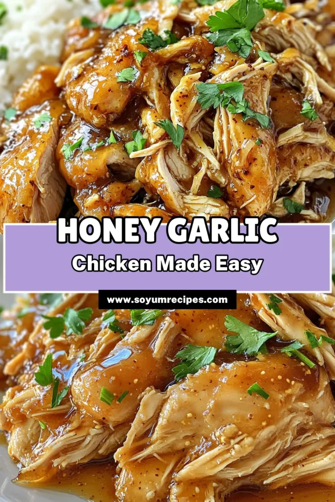 Looking for an easy and delicious meal? Try this Slow Cooker Honey Garlic Shredded Chicken! With just a handful of ingredients, you can create a flavorful dish that's perfect for weeknight dinners. Enjoy the sweet and savory sauce with rice or in wraps for a satisfying meal. Don't miss out on this simple recipe that will have everyone asking for seconds! Click through for the full recipe and get cooking! #SlowCookerRecipes #HoneyGarlicChicken #EasyDinners #ComfortFood