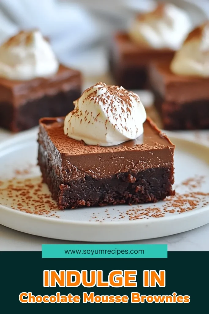 Indulge in these irresistible chocolate mousse brownies that combine the richness of dark chocolate brownies with a creamy mousse topping! This easy chocolate brownie recipe is perfect for chocolate lovers and makes for an impressive dessert. Fudgy brownie mousse is simply a must-try! Bake a batch for your next gathering and watch them disappear. Save this recipe now for delectable chocolate dessert recipes! #ChocolateMousseBrownies #EasyBrownieRecipe #ChocolateDesserts #FudgyMousse