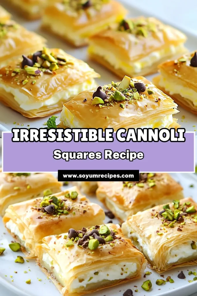 Satisfy your sweet tooth with these classic cannoli squares! This ricotta mascarpone dessert features layers of crispy phyllo pastry in an easy cannoli squares recipe that’s perfect for any occasion. Indulge in the rich flavors of this Italian cannoli dessert topped with chocolate chips and pistachios. Ready to impress your guests? Try this delightful dessert today! Save, share, and enjoy! #CannoliSquares #RicottaMascarpone #PhylloPastry #ItalianDessert