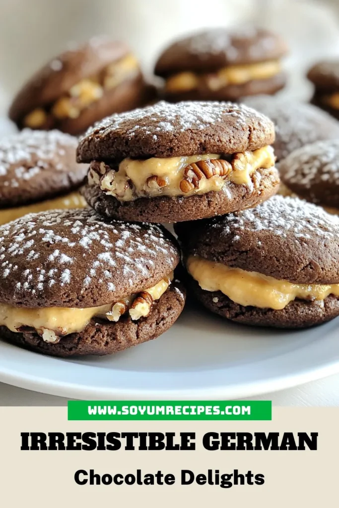 Indulge in these delicious German chocolate whoopie pies featuring a rich coconut-pecan filling recipe that's sure to impress! Perfect for chocolate dessert lovers, these homemade whoopie pies are easy to bake and perfect for sharing. Follow our simple whoopie pie baking instructions and savor each bite. Ready to create a delightful treat that everyone will love? Save this recipe for later! #WhoopiePies #ChocolateDesserts #BakingRecipes #GermanChocolate