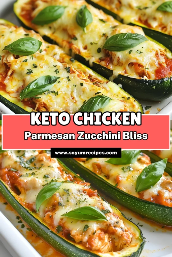 Discover the deliciousness of Keto Chicken Parmesan Zucchini Boats! This easy Zucchini Boats Recipe is perfect for a low carb dinner that's both satisfying and healthy. Packed with shredded chicken, sugar-free marinara, and melted cheese, it's ideal for keto meal prep too. Enjoy this flavorful dish that will please the whole family. Don’t miss out—save this recipe for a tasty weeknight dinner! #KetoChickenParmesan #ZucchiniBoats #LowCarbDinner #KetoMealPrep