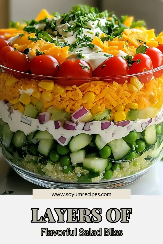 Discover the vibrant flavors of our seven layer salad recipe, perfect for any gathering! This colorful salad recipe is a delightful layered salad with quinoa that combines fresh veggies, creamy dressing, and cheese for a healthy salad that's as tasty as it is beautiful. Ideal for easy potluck salads, this dish will impress your guests. Save this recipe and make your next meal fun and nutritious! #SevenLayerSalad #HealthySaladRecipes #PotluckFavorites #ColorfulSalads