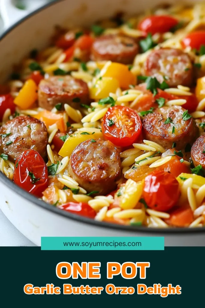 Discover this delicious one-pot garlic butter sausage orzo recipe that will transform your weeknight dinners! This easy orzo pasta dish combines Italian chicken sausage with garlic, bell peppers, and cherry tomatoes for a rich flavor in just 30 minutes. Perfect for quick weeknight meals, this comforting Italian chicken sausage dinner is a family favorite. Save this recipe for a hassle-free meal tonight! #OnePotSausageOrzo #GarlicButterOrzo #EasyDinner #QuickMeals