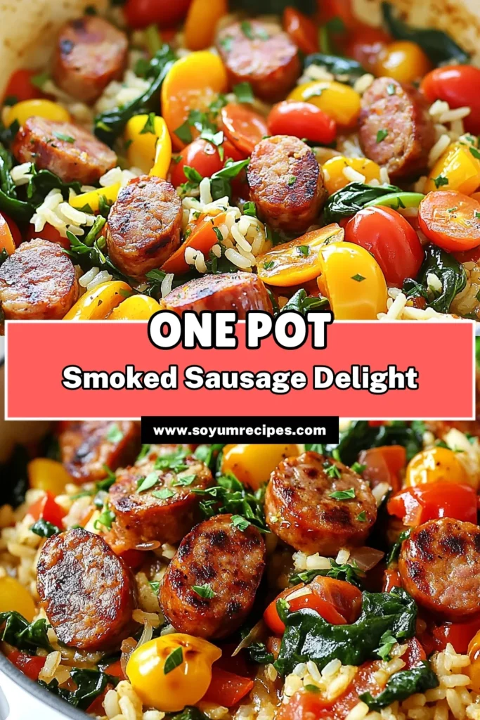 Discover the ultimate one pot smoked sausage recipe that makes meal times a breeze! This easy smoked sausage dinner features a delicious smoked sausage medley with colorful bell peppers, baby spinach, and cherry tomatoes. Perfect for busy weeknights, this one pot meal recipe is ready in just 35 minutes. Try it today for a hassle-free, flavorful dish your family will love! Save this one pot smoked sausage with vegetables recipe now! #OnePotMeals #SmokedSausage #DinnerRecipes #EasyCooking