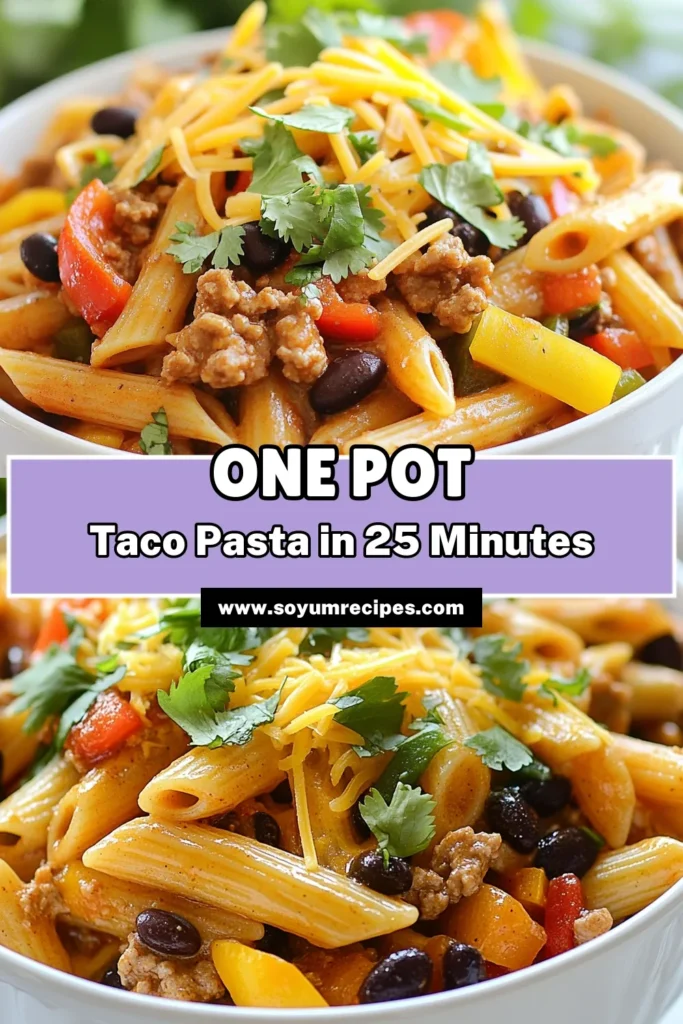 Looking for a quick and delicious dinner? Try this Fiesta Taco Pasta, a one pot pasta recipe that's perfect for busy weeknights! Made with ground turkey, black beans, and topped with melted cheese, this easy taco pasta will satisfy your cravings in just 25 minutes. It's a family-friendly meal that you can whip up in no time. Don’t forget to save this recipe for your next taco night! #OnePotPastaRecipes #EasyTacoPasta #GroundTurkeyPastaRecipes #QuickDinnerRecipes