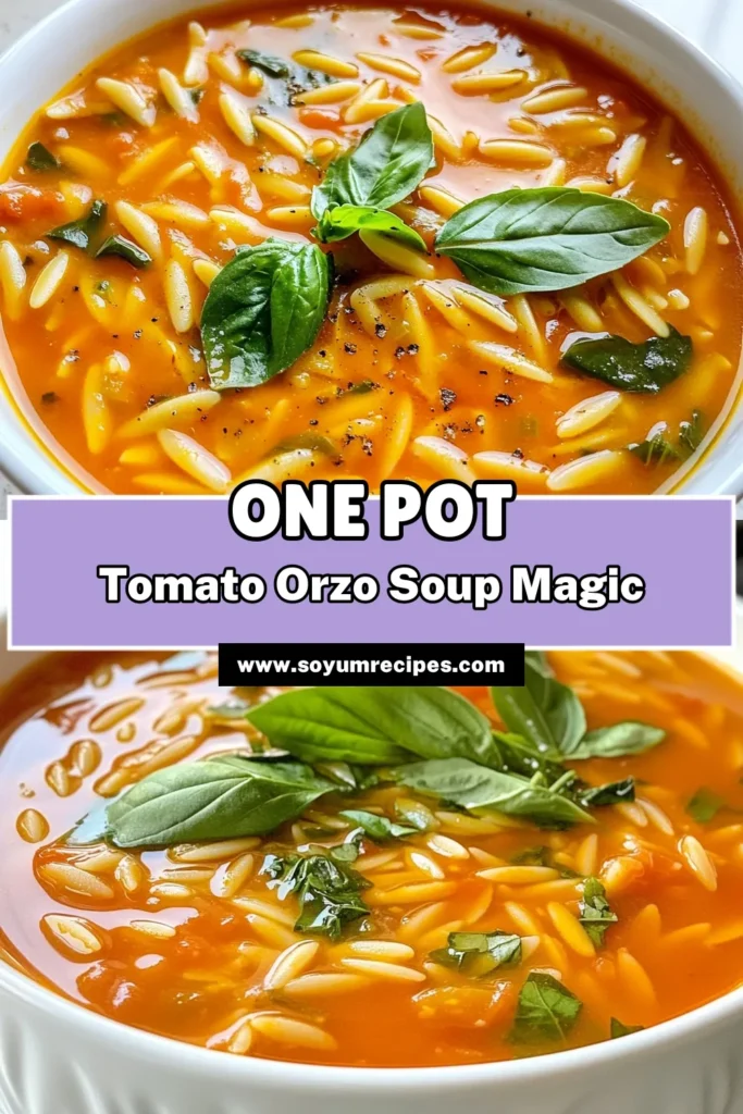 Discover the comforting goodness of Tomato Orzo Soup, a delicious and healthy option for any meal. This Easy Orzo Recipe combines orzo pasta with flavorful crushed tomatoes, savory herbs, and nutritious spinach, creating a delightful Vegetable Soup with Orzo that everyone will love. Perfect for lunch or dinner, this Orzo Pasta Soup Recipe is quick to make and full of vibrant flavors. Save this recipe now for a bowl of warmth! #TomatoOrzoSoup #HealthyRecipes #VegetableSoup #OrzoPasta