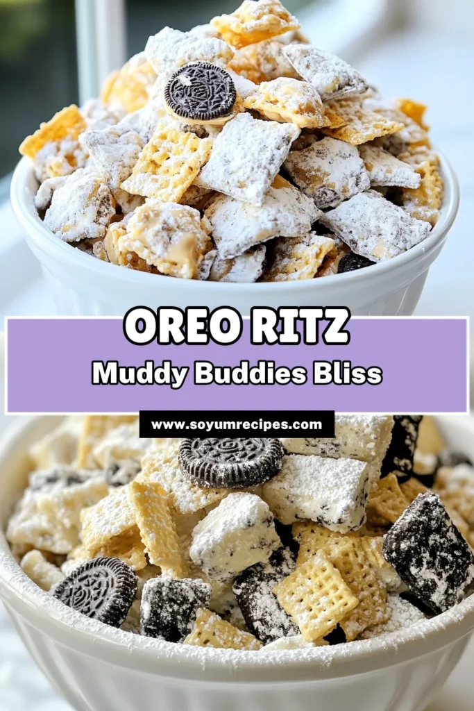 Indulge in the ultimate treat with these Oreo Ritz Muddy Buddies! This no-bake dessert recipe combines the irresistible flavors of chocolate and peanut butter with crunchy Ritz crackers. Perfect for gatherings or a sweet snack at home, these easy chocolate snacks are a hit with everyone. Try this delightful dessert with Ritz crackers and elevate your snack game. Follow our simple recipe and enjoy! Save for later! #OreoRitzMuddyBuddies #NoBakeDesserts #ChocolateSnacks #RitzCrackerDesserts