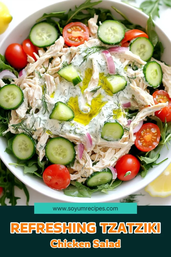 Indulge in a refreshing Tzatziki Chicken Salad that's perfect for lunch or dinner! This easy recipe features shredded chicken, creamy Greek yogurt, fresh cucumbers, and vibrant veggies, all tossed in a delicious tzatziki dressing. In just 15 minutes, you can create a healthy meal bursting with flavor. Click to explore this delightful recipe and elevate your salad game today! #TzatzikiChickenSalad #HealthyEating #QuickRecipes #MediterraneanDiet