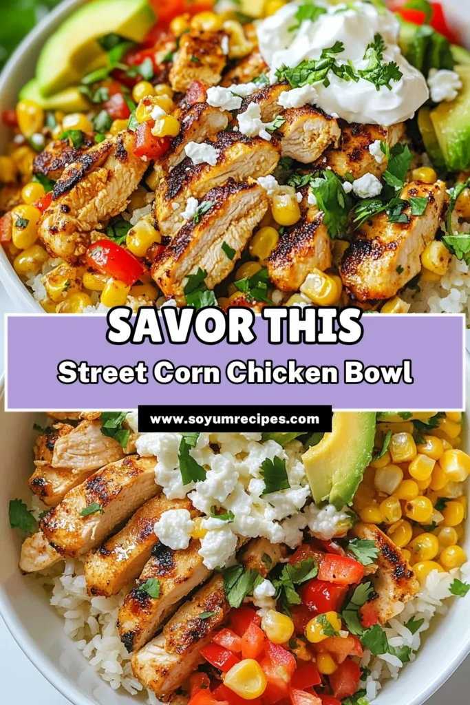 Indulge in a delicious Street Corn Chicken Rice Bowl filled with flavors and nutrients. This healthy chicken rice bowl features tender chicken breast, sautéed corn, and fresh veggies, all layered over fluffy jasmine rice. Top it off with creamy avocado and crumbled feta for a satisfying meal. Try this easy jasmine rice recipe and make a vibrant healthy corn salad with it. Perfect for enjoying any day of the week! Save this recipe for later. #StreetCornChickenBowl #JasmineRiceRecipe #HealthyCornSalad #AvocadoFetaBowl