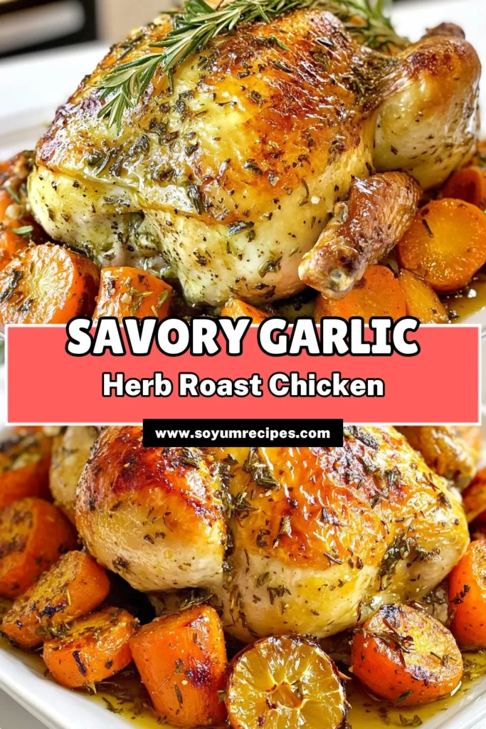 Discover the ultimate Garlic Herb Roasted Chicken recipe that will elevate your dinner game! This easy roasted chicken recipe features a whole chicken marinated in a zesty lemon garlic mixture with fresh herbs for unbeatable flavor. Perfect for family gatherings, this roasted chicken recipe is simple yet impressive. Ready in just 1.5 hours, it's sure to become a favorite. Save this delicious recipe for your next meal! #GarlicHerbRoastedChicken #EasyRoastedChickenRecipe #LemonGarlicChicken #RoastedChickenRecipe