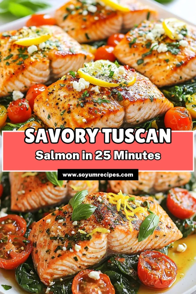Indulge in this Tuscan salmon recipe featuring baked salmon with tomatoes, fresh spinach, and tangy feta for a delightful Mediterranean twist. Perfect as a healthy salmon dish, this easy salmon meal is ready in just 25 minutes. Enjoy a delicious and nutritious dinner that the whole family will love. Save this simple recipe for your next meal planning! #TuscanSalmon #HealthySalmonDishes #MediterraneanRecipes #EasySalmonMeals