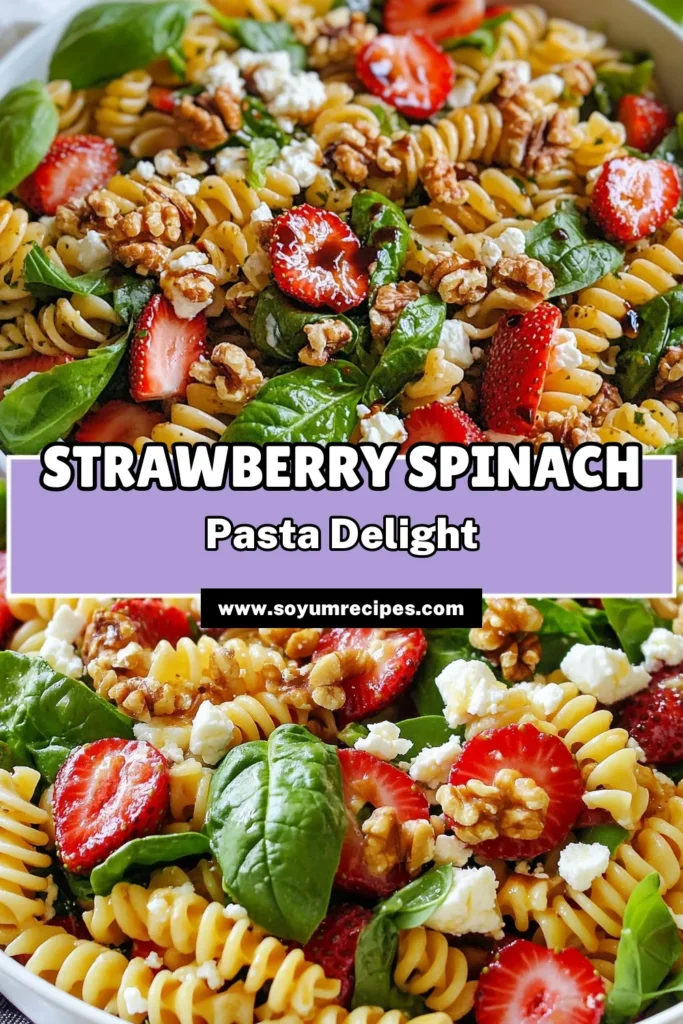 Discover the refreshing delight of Strawberry Spinach Pasta Salad, an easy pasta salad recipe perfect for summer! Bursting with vibrant flavors, this healthy spinach salad combines fresh strawberries, crumbled feta, and crunchy walnuts for a delicious twist. Ready in just 30 minutes, it's the ultimate summer salad with strawberries. Perfect for picnics or BBQs! Save this recipe for a tasty treat! #StrawberrySpinachPastaSalad #SummerSalad #HealthyRecipes #PastaSaladRecipes