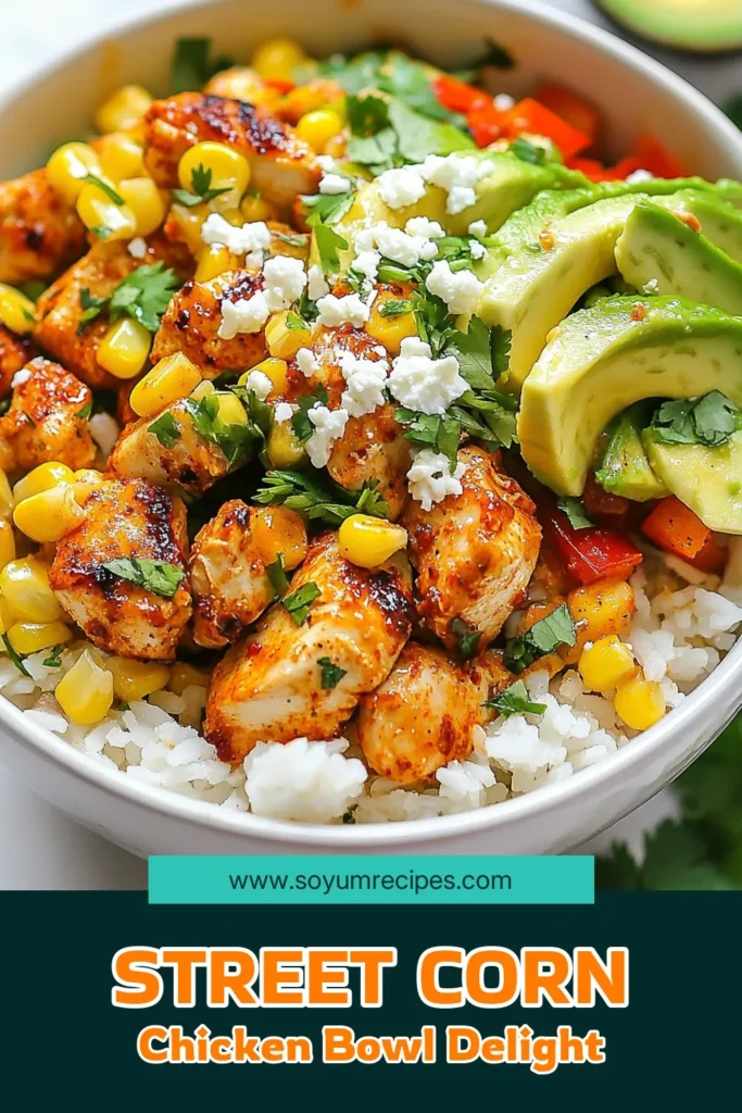 Try these delicious Street Corn Chicken Bowls for a flavorful and healthy dinner! This easy chicken bowl recipe combines tender chicken, charred corn, fresh avocado, and a zesty lime dressing over a bed of rice. Perfect for quick dinner ideas, this corn and avocado chicken bowl is not only nutritious but also packed with flavor. Ready in just 30 minutes? Save this recipe today! #EasyChickenBowl #HealthyRiceBowls #QuickDinnerIdeas #StreetCornChickenBowls