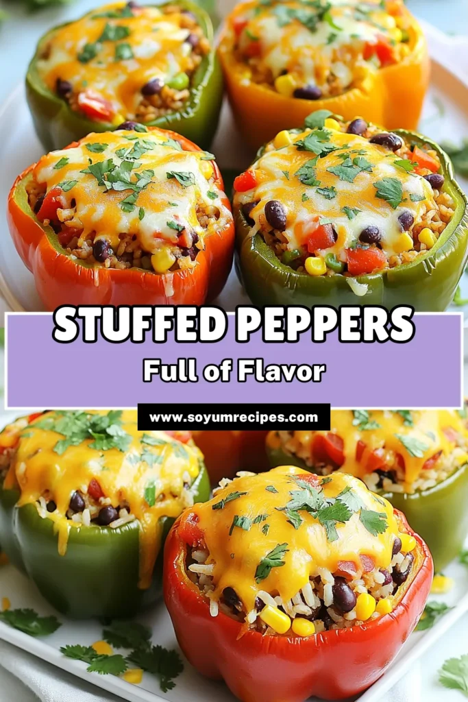 Savor the goodness of these veggie stuffed bell peppers filled with a delicious blend of brown rice, black beans, and corn! This healthy bell pepper recipe is perfect for a weeknight dinner or meal prep. Easy to make, these vegetarian bell peppers are not only nutritious but also bursting with flavor. Discover this easy stuffed peppers recipe that everyone will love. Click to save and try it today! #VeggieStuffedPeppers #HealthyRecipe #VegetarianMeals #EasyCooking