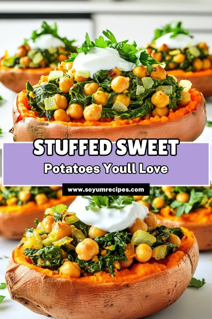 Looking for a delicious and nutritious meal? Try these Chickpea Spinach Stuffed Sweet Potatoes! This easy recipe is packed with protein and flavor, featuring roasted sweet potatoes filled with a savory chickpea and spinach mix, topped with Greek yogurt and fresh herbs. Perfect for a cozy dinner or meal prep! Click to discover the full recipe and enjoy a healthy dish tonight. #ChickpeaRecipes #HealthyEating #SweetPotatoes #VegetarianMeals
