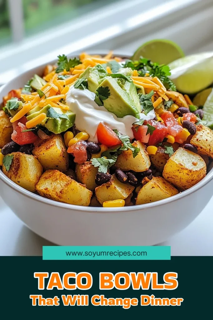 Savor the deliciousness of Loaded Potato Taco Bowls, a scrumptious twist on a healthy taco bowl recipe! Perfect for any night, this vegetarian loaded potato bowl features crispy potato bowls that are easy to make and packed with flavor. Enjoy an easy taco dinner idea that the whole family will love. Try this crispy potato bowls recipe today, and bring some fun to your dinner table! Save this for later! #TacoBowls #HealthyEating #VegetarianRecipes #EasyDinnerIdeas