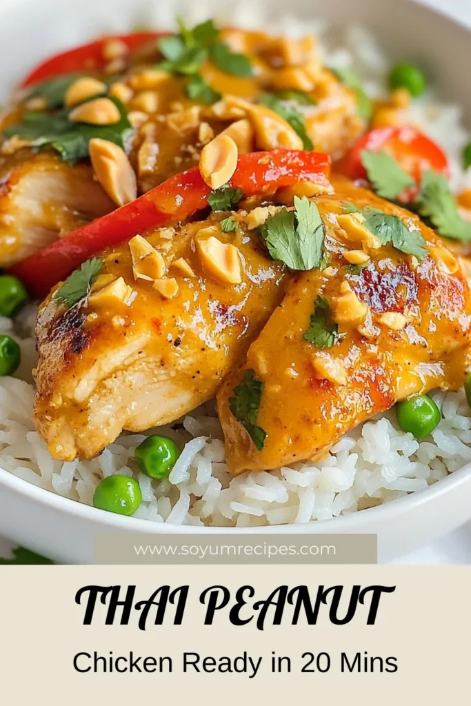Looking for a quick Thai chicken dinner recipe? Try this Thai peanut chicken recipe that's packed with flavor and ready in just 20 minutes! This easy peanut sauce chicken combines juicy stir-fried chicken with a creamy peanut sauce, red bell peppers, and snap peas. Serve it over jasmine rice or rice noodles for a meal the whole family will love. Save this quick Thai chicken recipe for your next delicious dinner! #Thaifood #EasyRecipes #DinnerIn20 #PeanutSauce