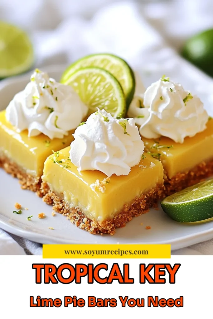 Indulge in these Tropical Key Lime Pie Bars, the perfect Key Lime Dessert Recipe to bring a taste of the tropics to your kitchen! Featuring a delicious Coconut Graham Cracker Crust, these Easy Key Lime Bars are a delightful no-bake treat that everyone will love. With just a few simple ingredients, you can whip up this refreshing dessert in no time. Save and try this recipe today! #KeyLimeDessert #TropicalTreats #NoBakeDesserts #EasyRecipes