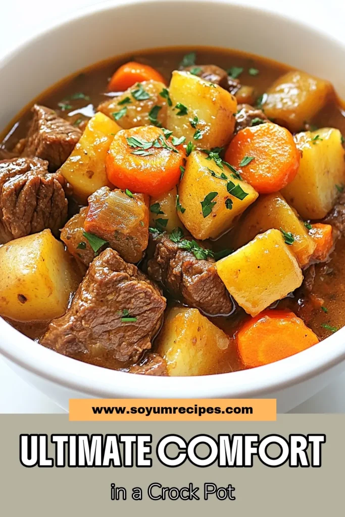Warm up with this delicious Crock Pot Beef Stew, the ultimate comfort food! Our Hearty Beef Stew Recipe is perfect for busy days, using your Slow Cooker to create an Easy Beef Stew Crock Pot dinner that's full of flavor and nutrients. With tender beef, hearty vegetables, and rich broth, it’s a family favorite. Save this recipe for your next meal! #CrockPotBeefStew #BeefStewRecipe #SlowCookerMeals #ComfortFood