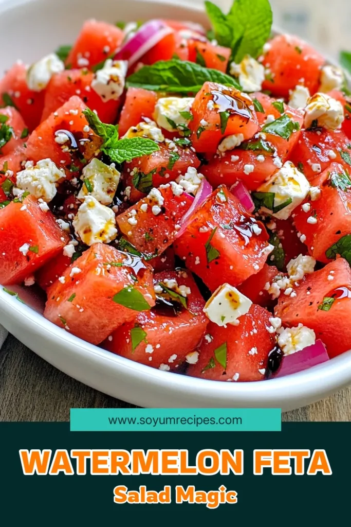 Looking for a refreshing summer salad? Try this delicious Watermelon Feta Salad! Made with juicy watermelon, crumbled feta, and fresh mint, this mint watermelon salad is a perfect healthy watermelon recipe for hot days. With easy feta recipes like this one, you can impress your guests or enjoy a light meal at home. Discover the flavors and enjoy this salad today! Save the recipe! #WatermelonFetaSalad #HealthyRecipes #SummerSalad #EasyCooking