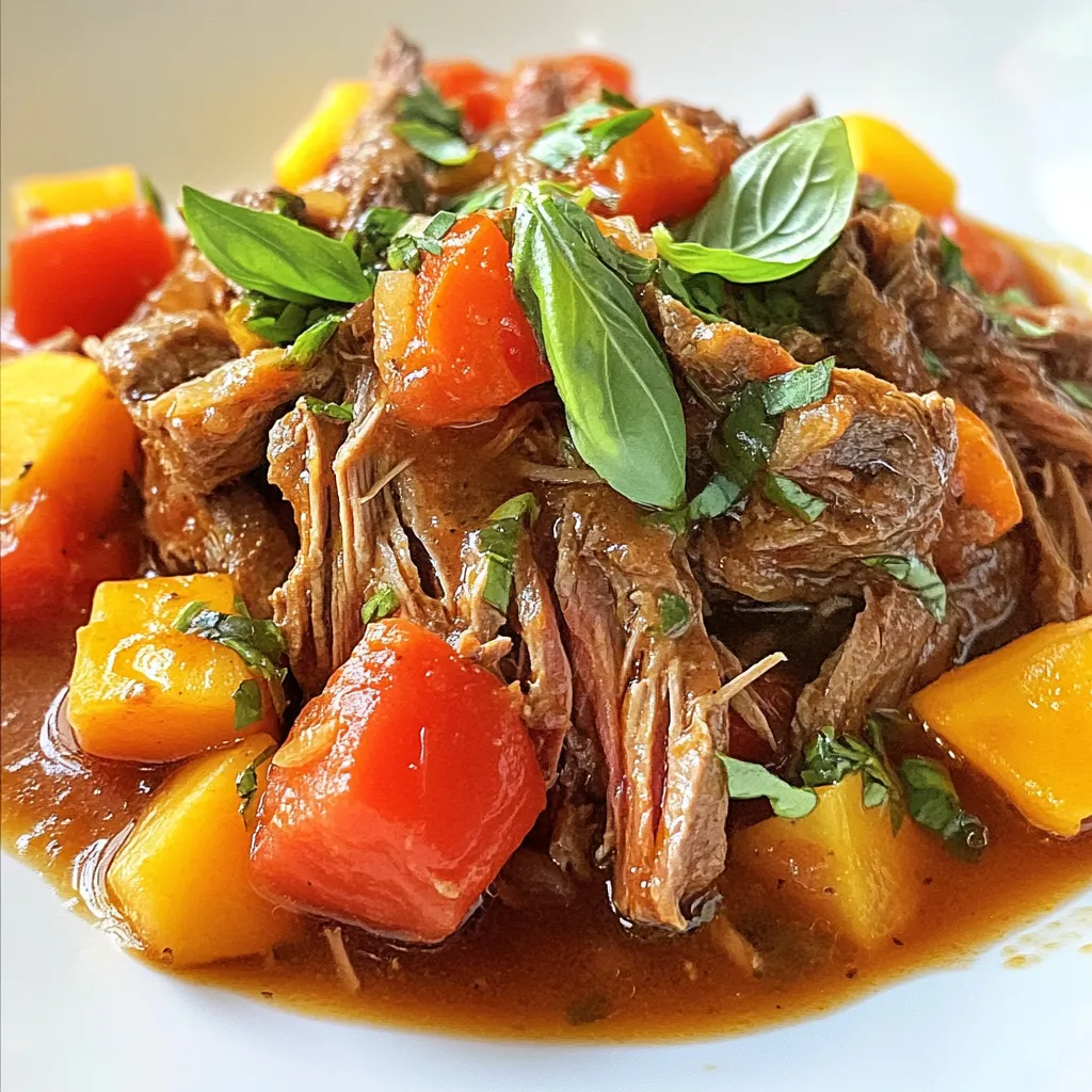 - 3-4 pounds beef chuck roast - 2 tablespoons olive oil - 1 large onion, chopped - 3 cloves garlic, minced - 2 carrots, diced - 2 celery stalks, diced - 1 can (28 ounces) diced tomatoes - 2 cups beef broth - 2 tablespoons tomato paste - 1 tablespoon dried oregano - 1 tablespoon dried rosemary - 1 teaspoon salt - ½ teaspoon black pepper - 2 bay leaves - Fresh basil for garnish For this Tuscan slow cooked beef roast, you need a few key ingredients. First, the beef chuck roast is perfect for slow cooking. It becomes tender and flavorful as it cooks. Olive oil helps to sear the roast, locking in juices. Next, you want fresh vegetables for depth. An onion, garlic, carrots, and celery bring great flavor. The diced tomatoes and beef broth create a rich sauce. Tomato paste adds a nice touch of sweetness and thickness. Seasonings are crucial. Dried oregano and rosemary give that classic Tuscan taste. Salt and pepper enhance all the flavors. Finally, bay leaves add a subtle aroma. Make sure to garnish with fresh basil before serving. It adds a nice pop of color and freshness. Enjoy cooking this delightful meal! {{ingredient_image_1}} First, grab a large skillet. Pour in two tablespoons of olive oil and heat it over medium-high heat. Season your beef chuck roast with salt and black pepper. Once the oil is hot, add the roast to the skillet. Sear it for about 4-5 minutes on each side until it turns brown. This step gives the roast flavor. After searing, take it out and set it aside. In the same skillet, add your chopped onion, diced carrots, and diced celery. Cook these veggies for about 5 minutes. You want them to soften a bit. Next, add three minced garlic cloves and cook for one more minute. This will make your kitchen smell amazing. Now, grab your slow cooker. Start by adding the sautéed vegetables. Then, pour in the can of diced tomatoes, including all the juices. Add two cups of beef broth and two tablespoons of tomato paste. Sprinkle in a tablespoon each of dried oregano and dried rosemary. Don't forget to toss in two bay leaves. Mix everything well. Next, take your seared beef roast and place it into the slow cooker. Make sure it’s as submerged in the liquid as possible. This helps keep the meat moist. Cover the slow cooker with its lid. Set it to low heat. Let it slow cook for about 8-10 hours. This long cooking time helps the flavors blend well. After the cooking time, the roast should be very tender. You can check this by trying to pull it apart with a fork. It should come apart easily. If it does, it’s ready to eat! Adjusting Seasoning to Taste After cooking the roast, taste it. If it needs more flavor, add salt or pepper. You can also mix in a bit of oregano or rosemary. These herbs lift the dish and make it special. Enhancing with Additional Herbs Try adding fresh herbs before serving. Chopped parsley or thyme can give your dish a fresh twist. You can also use basil for a more vibrant taste. Just sprinkle it on right before serving. Understanding Different Cook Settings Slow cookers can vary. On low, cook the beef for 8 to 10 hours. If you're in a hurry, you can cook it on high for 4 to 6 hours. The low setting makes the beef juicy and tender. Checking for Doneness To check if the roast is done, use a fork. If it pulls apart easily, it’s ready. If it's still tough, let it cook a bit longer. Always check before serving to ensure it’s perfect. Pro Tips Choose the Right Cut: Using a beef chuck roast is ideal for slow cooking, as it becomes tender and flavorful when cooked low and slow. Enhance Flavor with Marinade: For an extra depth of flavor, consider marinating the roast overnight in a mixture of red wine, herbs, and olive oil before cooking. Don't Skip the Searing: Searing the roast before adding it to the slow cooker helps to lock in juices and creates a rich flavor base for the dish. Adjust Seasoning to Taste: After shredding the beef, taste the sauce and adjust the seasoning with salt, pepper, or extra herbs as needed for a perfect balance. {{image_2}} You can change the cut of beef used in this recipe. While I love beef chuck roast, you can use brisket or round roast. Both cuts will still get tender with slow cooking. Each cut has a unique flavor and texture. Try different ones to find your favorite. Adding more vegetables can also enhance your dish. Consider using potatoes, bell peppers, or even mushrooms. These veggies add taste and make the meal heartier. Just chop them up and add them to your slow cooker with the other ingredients. Red wine can elevate the flavor of your Tuscan roast. Just add about a cup of red wine to the slow cooker. It gives a rich taste and pairs well with beef. If you do this, reduce the beef broth by half a cup. For extra heat, consider adding spices like red pepper flakes or crushed black pepper. A little heat can balance the richness of the beef and sauce. Just sprinkle in the spices to your liking. Always taste as you go to ensure you get the flavor just right. - Storing Leftovers: Let the roast cool down. Place it in an airtight container. You can store it in the fridge for up to 3 days. Make sure to keep the sauce with it. This helps keep the meat moist. - Reheating Tips: When you want to eat the leftovers, take the roast out of the fridge. Place it in a pot on low heat. Add a splash of beef broth or water to keep it tasty. Stir often until heated through. You can also use the microwave. Just cover it and heat in short bursts. - How to Properly Freeze: If you have more leftovers, freezing is a great option. Let the beef cool completely. Cut it into smaller portions for easier thawing. Use freezer-safe bags or containers. Remove as much air as possible before sealing. Label them with the date. You can freeze it for up to 3 months. - Thawing and Reheating: To thaw, place the frozen roast in the fridge overnight. If you're in a hurry, you can use cold water. Just seal it in a bag and submerge it in cold water. Once thawed, reheat it using the same tips for refrigeration. Enjoy your tasty meal again! What is the best cut of beef for slow cooking? The best cut for slow cooking is beef chuck roast. This cut has a good amount of fat and connective tissue. It becomes tender and juicy when cooked slowly. Other good options include brisket or round roast. These cuts also work well in a slow cooker. Can I make this recipe in a pressure cooker? Yes, you can use a pressure cooker for this recipe. It will save time and still give you tender beef. Sear the roast as you would in the slow cooker. Then, add all the other ingredients and cook on high pressure for about 60-75 minutes. Make sure to let the pressure release naturally. How do I know when the roast is done? You can tell the roast is done when it is tender and pulls apart with a fork. This usually happens after 8-10 hours in a slow cooker. If using a pressure cooker, check after 60-75 minutes. You can also use a meat thermometer; it should read at least 190°F. What sides pair well with Tuscan Roast? Tuscan roast pairs nicely with many sides. You can serve it with creamy mashed potatoes or polenta. Roasted vegetables also complement the dish well. A simple salad with fresh greens adds a nice crunch. Don’t forget some crusty bread to soak up the juices! In this post, we explored the key ingredients for a perfect Tuscan Roast, along with step-by-step instructions. I showed you how to sear the beef and sauté the vegetables for great flavor. We also talked about tips for perfect seasoning and cooking times. Remember, you can make this dish your own with ingredient swaps or add flavor enhancers. Proper storage ensures your leftovers last long. Cooking a great roast is rewarding and easier than you think. Try it out, and enjoy!