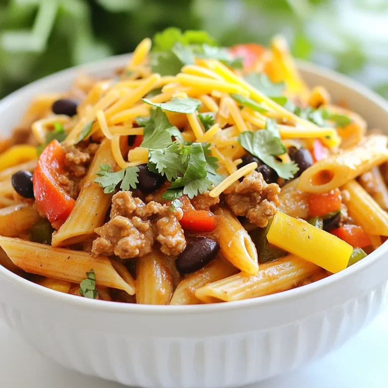 To make One Pot Taco Pasta, gather these must-have items: - 1 pound ground turkey or beef - 1 onion, diced - 2 cloves garlic, minced - 1 bell pepper, diced (any color) - 1 tablespoon taco seasoning - 1 can (15 oz) black beans, drained and rinsed - 1 cup corn kernels (fresh or frozen) - 3 cups chicken broth - 12 oz penne pasta or fusilli - 1 cup diced tomatoes (canned or fresh) - 1 cup shredded cheddar cheese - 1 tablespoon olive oil - Fresh cilantro, for garnish - Salt and pepper to taste You can switch things up with these fun options: - Use ground chicken or tofu instead of turkey or beef. - Add jalapeños for extra heat. - Include zucchini or spinach for more veggies. - Swap cheddar for a different cheese like pepper jack or mozzarella. - Use different beans, like pinto or kidney beans. When picking your ingredients, I suggest: - Ground Meat: Look for brands like Perdue for turkey or grass-fed beef from local farms. - Taco Seasoning: McCormick offers a great blend with rich flavors. - Canned Tomatoes: Hunt's diced tomatoes are ripe and tasty. - Cheese: Tillamook's cheddar melts perfectly and adds great flavor. - Olive Oil: Extra virgin olive oil from California gives the best taste. With these ingredients, you will create a tasty and quick meal that everyone will love! {{ingredient_image_1}} To start, gather all your ingredients. This makes cooking easier. Here’s what you need: - 1 pound ground turkey or beef - 1 onion, diced - 2 cloves garlic, minced - 1 bell pepper, diced (any color) - 1 tablespoon taco seasoning - 1 can (15 oz) black beans, drained and rinsed - 1 cup corn kernels (fresh or frozen) - 3 cups chicken broth - 12 oz penne pasta or fusilli - 1 cup diced tomatoes (canned or fresh) - 1 cup shredded cheddar cheese - 1 tablespoon olive oil - Fresh cilantro, for garnish - Salt and pepper to taste Next, chop your onion and bell pepper. Mince the garlic. These steps help build flavor. Now, let’s cook! Heat the olive oil in a large pot over medium heat. Add the diced onion and bell pepper. Cook them for about 4-5 minutes, until they soften. Then, stir in the minced garlic. Cook for another minute until you smell that great garlic aroma. Now it's time to add the meat. Put in your ground turkey or beef. Break it apart with a spatula. Cook it for about 5-7 minutes, until it turns brown. Sprinkle in your taco seasoning. Mix it well with the meat and veggies. Next, pour in the chicken broth, diced tomatoes, black beans, corn, and uncooked pasta. Stir everything together. Bring the mixture to a boil. Then, reduce the heat to low. Cover the pot and let it simmer for 10-12 minutes. Stir occasionally to keep the pasta from sticking. Once the pasta is tender, take it off the heat. Stir in the shredded cheddar cheese until it melts and gets creamy. Season with salt and pepper to taste. Finally, serve hot and garnish with fresh cilantro for color and flavor. To make sure your pasta turns out great, follow these tips: - Use enough liquid. The pasta needs it to cook well. - Stir often during simmering. This helps prevent sticking. - Check for doneness. Pasta should be tender but not mushy. These simple steps will help you make the best One Pot Taco Pasta every time! Cooking in one pot saves time and energy. Start by prepping all your ingredients first. This way, you can add them in the right order. Use a large pot to give everything room to cook. Heat the olive oil well before adding your onion and pepper. This helps them soften quickly. Stir often to keep food from sticking to the bottom. If you see any bits stuck, give it a good scrape with your spatula. This adds extra flavor to your dish. Ensure you cover the pot after adding liquids. It traps heat and cooks the pasta evenly. To adjust the seasoning, taste as you cook. Start with the taco seasoning and add more if needed. If you want it spicier, add a pinch of cayenne pepper or chopped jalapeños. For a milder taste, reduce the seasoning or skip it. You can also add a dollop of sour cream or a splash of lime juice. These add flavor without heat. Remember, every ingredient has its own flavor. Black beans and corn add sweetness, while tomatoes add acidity. Balancing these flavors is key to a tasty dish. One common mistake is overcooking the pasta. Follow the cooking time closely. Stir often to prevent it from sticking. Another mistake is not seasoning enough. Taste as you go to find the right balance. Don’t forget to use enough liquid. If it looks dry, add a little more broth or water. Finally, avoid adding cheese too early. Stir it in after cooking for a creamy texture. These tips will help you make a perfect one pot taco pasta that everyone will love. Pro Tips Customize Your Protein: Feel free to swap out ground turkey or beef for ground chicken, pork, or even plant-based meat alternatives for a healthier or vegetarian version. Boost the Flavor: Adding a splash of lime juice or a few chopped jalapeños can enhance the flavor profile and add a delightful kick to the dish. Cheese Variations: Experiment with different types of cheese, such as pepper jack for a spicy twist or mozzarella for a milder flavor, to suit your taste preferences. One-Pot Cooking Tip: To prevent pasta from sticking, stir the mixture occasionally while it simmers, and ensure there's enough liquid for the pasta to absorb. {{image_2}} You can easily make this dish vegetarian or vegan. Instead of meat, use mushrooms or lentils. Both options add great texture and flavor. Use vegetable broth instead of chicken broth for a vegan base. You can also add more beans, like kidney beans or chickpeas, for extra protein. Swap out the cheese for a vegan alternative or skip it entirely for a lighter meal. If you want to cater to different diets, swap out a few ingredients. For gluten-free pasta, use rice or quinoa pasta. Instead of corn, use diced zucchini or chopped spinach for a veggie boost. If you're watching your sodium, choose low-sodium broth and canned tomatoes. You can also use fresh herbs like parsley instead of cilantro if you prefer a different flavor. Feel free to get creative with this recipe! Add some diced jalapeños for spice or mix in chopped olives for a briny kick. You can change the taco seasoning to other spices, like cumin or smoked paprika, for a different taste. Try topping with crushed tortilla chips for crunch or serve with avocado slices for creaminess. The options are endless, so experiment and find your favorite twist! To store your One Pot Taco Pasta, allow it to cool first. Then, transfer it to an airtight container. This helps keep the flavors fresh. Use a container that fits the amount you have left. You can store it in the fridge for up to three days. Make sure to label it with the date. You can freeze One Pot Taco Pasta too. First, cool it down completely. Then, divide it into portions. Place each portion in a freezer-safe bag or container. Remove as much air as you can. This will help prevent freezer burn. You can keep it in the freezer for up to three months. When you are ready to eat, just thaw it in the fridge overnight. When reheating, use a pot or microwave. If using the stove, add a splash of water or broth to keep it moist. Heat it slowly over low to medium heat, stirring often. If using a microwave, cover the dish and heat in short bursts. Stir in between to heat evenly. Enjoy your delicious One Pot Taco Pasta just like the first time! Yes, you can make One Pot Taco Pasta ahead of time. Just cook the dish as usual and let it cool. Store it in an airtight container in the fridge. It will stay fresh for up to three days. When you are ready to eat, simply reheat it on the stove or in the microwave until warm. The flavors will blend even more over time, making it taste great. You can serve One Pot Taco Pasta with many sides. A simple green salad adds freshness. You can also pair it with tortilla chips for a crunchy bite. If you like, add some guacamole or sour cream on the side for extra flavor. A cold drink, like lemonade or iced tea, fits well with this meal too. To make One Pot Taco Pasta less spicy, you can reduce the taco seasoning. Use only half of what the recipe calls for. You can also choose a mild taco seasoning mix. Adding more cheese will help cool the heat too. Throw in a dollop of sour cream or yogurt when serving. These options help balance the spice and keep the dish tasty. One Pot Taco Pasta is simple and fun to make. We explored the key ingredients, cooking steps, and various tips to enhance your dish. You can customize it to fit your tastes, whether you prefer it vegetarian or spicy. Remember to store leftovers correctly and reheat them gently to enjoy every bite later. With these insights, you'll whip up a tasty meal that pleases everyone at the table. Dive in and get cooking!