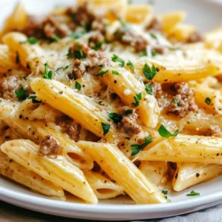 - 8 oz penne pasta - 1 lb ground beef - 4 cloves garlic, minced - 1 cup heavy cream - 1 cup shredded mozzarella cheese - 1/2 cup grated Parmesan cheese - 1 tablespoon olive oil - 1 teaspoon Italian seasoning - Salt and pepper to taste The main ingredients for this dish make it rich and tasty. The penne pasta holds the sauce well, while the ground beef gives it heartiness. Garlic adds a nice kick, and the heavy cream makes the sauce creamy. Mozzarella and Parmesan bring great cheesy flavor. Italian seasoning ties it all together, adding depth. - Fresh parsley for garnish Garnishing with parsley adds a fresh touch. It looks nice and gives a bit of color. You can also use red pepper flakes if you want a spicy kick. - Large pot for boiling pasta - Large skillet for cooking beef and sauce - Wooden spoon for stirring - Colander for draining pasta These tools make cooking easy. A large pot helps you boil the pasta well. A skillet is best for browning the beef and making the sauce. A wooden spoon is great for mixing, while a colander drains the pasta without a mess. {{ingredient_image_1}} Start with a large pot of boiling salted water. Add 8 oz of penne pasta. Cook it according to the package instructions until it is al dente. This usually takes around 8-10 minutes. Once cooked, drain the pasta in a colander and set it aside. In a large skillet, heat 1 tablespoon of olive oil over medium heat. Add 1 lb of ground beef to the skillet. Use a spoon to break the beef apart as it cooks. Brown the beef until it is no longer pink. This should take about 5-7 minutes. Once the beef is browned, add 4 minced garlic cloves to the skillet. Cook for 1-2 minutes until it smells great. Then, lower the heat and pour in 1 cup of heavy cream. Add 1 teaspoon of Italian seasoning along with salt and pepper to taste. Let the sauce simmer for 3-5 minutes, stirring occasionally. Next, it’s time to make the sauce cheesy. Gradually stir in 1 cup of shredded mozzarella cheese and 1/2 cup of grated Parmesan cheese. Keep stirring until the cheeses melt and the sauce becomes creamy. Now, add the cooked penne pasta to the skillet. Toss everything together so that the pasta is evenly coated with the cheesy garlic beef mixture. Cook for an additional 2-3 minutes until everything is heated through. Once done, remove the skillet from heat. Serve your cheesy penne hot, and sprinkle some freshly chopped parsley on top for a nice touch. Enjoy this delightful dish with a side salad or garlic bread to complete your meal! To get the best pasta, cook the penne until it is al dente. This means the pasta is firm, not mushy. I suggest boiling it for about 8 to 10 minutes. Always use lots of salted water. This helps the pasta stay tasty. After cooking, drain it right away. Don’t rinse the pasta. This keeps the starch that helps the sauce stick. For cheesy goodness, I love using mozzarella and Parmesan. Mozzarella melts well and gives a nice stretch. Parmesan adds a sharp flavor. You can mix in other cheeses too. Cheddar can add a nice twist. Or try gouda for a smoky taste. Just remember, fresh cheese gives the best results. Herbs and spices can boost your dish. Italian seasoning is great for this recipe. It has a mix of herbs like oregano and basil. You can also add fresh herbs. Try parsley or basil for a fresh touch. A pinch of red pepper flakes will add some heat if you like spice. Don’t forget to taste your sauce. This way, you can adjust the flavors to your liking. Pro Tips Perfect Pasta: Always cook your penne pasta al dente, as it will continue to cook slightly when mixed with the sauce. Garlic Goodness: For an extra depth of flavor, consider adding a pinch of red pepper flakes with the garlic. Cheesy Texture: For a creamier sauce, reserve a small amount of the pasta cooking water to add if the sauce is too thick. Fresh Finish: Always garnish with fresh parsley just before serving to add a pop of color and freshness to the dish. {{image_2}} You can easily swap the ground beef for a meat alternative. Try using lentils or plant-based ground meat. Both options work well with the creamy sauce. Using these alternatives keeps the dish rich, flavorful, and fun. You’ll still get a hearty meal that everyone will enjoy. Vegetables add great flavor and nutrition to your cheesy penne. Think about adding spinach, bell peppers, or zucchini. Just chop them small and sauté with the garlic. This makes it easy to mix into the sauce and pasta. Every bite will be colorful and packed with nutrients. Want to add some kick? You can spice things up with red pepper flakes or jalapeños. For a smoky taste, try smoked paprika or chipotle powder. These spices can change the whole dish. Experiment with the amounts to find your perfect balance. To store leftovers, place the cheesy penne in an airtight container. Make sure to let it cool down first. This way, it won’t steam and get soggy. Store it in the fridge for up to three days. If you want to keep it longer, freezing is a great option. Reheating is simple. You can use the microwave or the stove. For the microwave, place a portion in a bowl and cover it. Heat it for about one to two minutes. Stir halfway through to ensure even heating. On the stove, add a splash of water or cream. Heat over low until warm, stirring often. Freezing the cheesy penne is easy. Place it in a freezer-safe container and seal it tightly. You can also use freezer bags. Just make sure to remove as much air as possible. It will stay good for up to three months. When ready to eat, thaw it overnight in the fridge. Then, follow the reheating instructions to enjoy it again. Yes, you can make Cheesy Penne with Garlic Beef ahead of time. Cook the dish and let it cool. Store it in the fridge in an airtight container. It can last for up to three days. When you’re ready to eat, just reheat it. You can use milk mixed with butter as a substitute for heavy cream. Mix 3/4 cup of milk with 1/4 cup of melted butter. This mix will add richness to your dish. You can also use half-and-half if you have it. To prevent pasta from sticking, stir it in boiling water. Add a bit of olive oil to the water too. After draining, toss it with a bit of olive oil. This will help keep the penne separate until you mix it with the sauce. Yes, you can use other types of pasta. Bowties, rotini, or even spaghetti work well. Just adjust the cooking time based on the type of pasta you choose. Make sure it is cooked al dente for the best texture. The best way to reheat it is on the stove. Add a little milk or cream to the pan. Heat it over low heat and stir often. This keeps the pasta creamy and prevents it from drying out. You can also use a microwave if you prefer. You learned how to make Cheesy Penne with Garlic Beef, from ingredients to storage. We explored main ingredients, optional garnishes, and essential tools. Cooking techniques helped you create the perfect dish. Tips on pasta texture and cheese choices added depth. Consider variations for every taste. Best of all, knowing how to store and reheat ensures your meal remains delicious. Now, you’re ready to impress with this tasty dish! Enjoy your cooking adventure.