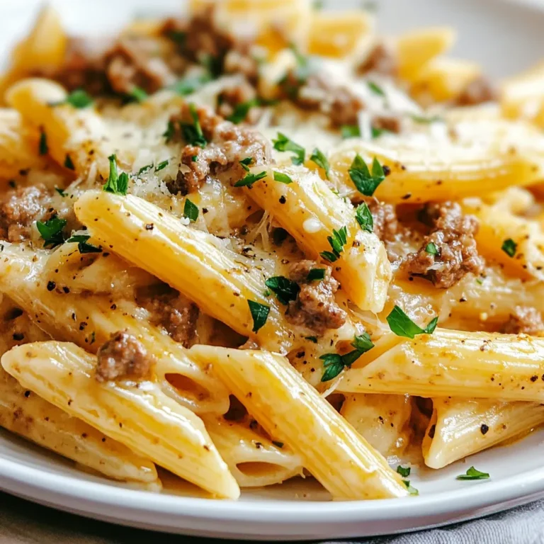 - 8 oz penne pasta - 1 lb ground beef - 4 cloves garlic, minced - 1 cup heavy cream - 1 cup shredded mozzarella cheese - 1/2 cup grated Parmesan cheese - 1 tablespoon olive oil - 1 teaspoon Italian seasoning - Salt and pepper to taste The main ingredients for this dish make it rich and tasty. The penne pasta holds the sauce well, while the ground beef gives it heartiness. Garlic adds a nice kick, and the heavy cream makes the sauce creamy. Mozzarella and Parmesan bring great cheesy flavor. Italian seasoning ties it all together, adding depth. - Fresh parsley for garnish Garnishing with parsley adds a fresh touch. It looks nice and gives a bit of color. You can also use red pepper flakes if you want a spicy kick. - Large pot for boiling pasta - Large skillet for cooking beef and sauce - Wooden spoon for stirring - Colander for draining pasta These tools make cooking easy. A large pot helps you boil the pasta well. A skillet is best for browning the beef and making the sauce. A wooden spoon is great for mixing, while a colander drains the pasta without a mess. {{ingredient_image_1}} Start with a large pot of boiling salted water. Add 8 oz of penne pasta. Cook it according to the package instructions until it is al dente. This usually takes around 8-10 minutes. Once cooked, drain the pasta in a colander and set it aside. In a large skillet, heat 1 tablespoon of olive oil over medium heat. Add 1 lb of ground beef to the skillet. Use a spoon to break the beef apart as it cooks. Brown the beef until it is no longer pink. This should take about 5-7 minutes. Once the beef is browned, add 4 minced garlic cloves to the skillet. Cook for 1-2 minutes until it smells great. Then, lower the heat and pour in 1 cup of heavy cream. Add 1 teaspoon of Italian seasoning along with salt and pepper to taste. Let the sauce simmer for 3-5 minutes, stirring occasionally. Next, it’s time to make the sauce cheesy. Gradually stir in 1 cup of shredded mozzarella cheese and 1/2 cup of grated Parmesan cheese. Keep stirring until the cheeses melt and the sauce becomes creamy. Now, add the cooked penne pasta to the skillet. Toss everything together so that the pasta is evenly coated with the cheesy garlic beef mixture. Cook for an additional 2-3 minutes until everything is heated through. Once done, remove the skillet from heat. Serve your cheesy penne hot, and sprinkle some freshly chopped parsley on top for a nice touch. Enjoy this delightful dish with a side salad or garlic bread to complete your meal! To get the best pasta, cook the penne until it is al dente. This means the pasta is firm, not mushy. I suggest boiling it for about 8 to 10 minutes. Always use lots of salted water. This helps the pasta stay tasty. After cooking, drain it right away. Don’t rinse the pasta. This keeps the starch that helps the sauce stick. For cheesy goodness, I love using mozzarella and Parmesan. Mozzarella melts well and gives a nice stretch. Parmesan adds a sharp flavor. You can mix in other cheeses too. Cheddar can add a nice twist. Or try gouda for a smoky taste. Just remember, fresh cheese gives the best results. Herbs and spices can boost your dish. Italian seasoning is great for this recipe. It has a mix of herbs like oregano and basil. You can also add fresh herbs. Try parsley or basil for a fresh touch. A pinch of red pepper flakes will add some heat if you like spice. Don’t forget to taste your sauce. This way, you can adjust the flavors to your liking. Pro Tips Perfect Pasta: Always cook your penne pasta al dente, as it will continue to cook slightly when mixed with the sauce. Garlic Goodness: For an extra depth of flavor, consider adding a pinch of red pepper flakes with the garlic. Cheesy Texture: For a creamier sauce, reserve a small amount of the pasta cooking water to add if the sauce is too thick. Fresh Finish: Always garnish with fresh parsley just before serving to add a pop of color and freshness to the dish. {{image_2}} You can easily swap the ground beef for a meat alternative. Try using lentils or plant-based ground meat. Both options work well with the creamy sauce. Using these alternatives keeps the dish rich, flavorful, and fun. You’ll still get a hearty meal that everyone will enjoy. Vegetables add great flavor and nutrition to your cheesy penne. Think about adding spinach, bell peppers, or zucchini. Just chop them small and sauté with the garlic. This makes it easy to mix into the sauce and pasta. Every bite will be colorful and packed with nutrients. Want to add some kick? You can spice things up with red pepper flakes or jalapeños. For a smoky taste, try smoked paprika or chipotle powder. These spices can change the whole dish. Experiment with the amounts to find your perfect balance. To store leftovers, place the cheesy penne in an airtight container. Make sure to let it cool down first. This way, it won’t steam and get soggy. Store it in the fridge for up to three days. If you want to keep it longer, freezing is a great option. Reheating is simple. You can use the microwave or the stove. For the microwave, place a portion in a bowl and cover it. Heat it for about one to two minutes. Stir halfway through to ensure even heating. On the stove, add a splash of water or cream. Heat over low until warm, stirring often. Freezing the cheesy penne is easy. Place it in a freezer-safe container and seal it tightly. You can also use freezer bags. Just make sure to remove as much air as possible. It will stay good for up to three months. When ready to eat, thaw it overnight in the fridge. Then, follow the reheating instructions to enjoy it again. Yes, you can make Cheesy Penne with Garlic Beef ahead of time. Cook the dish and let it cool. Store it in the fridge in an airtight container. It can last for up to three days. When you’re ready to eat, just reheat it. You can use milk mixed with butter as a substitute for heavy cream. Mix 3/4 cup of milk with 1/4 cup of melted butter. This mix will add richness to your dish. You can also use half-and-half if you have it. To prevent pasta from sticking, stir it in boiling water. Add a bit of olive oil to the water too. After draining, toss it with a bit of olive oil. This will help keep the penne separate until you mix it with the sauce. Yes, you can use other types of pasta. Bowties, rotini, or even spaghetti work well. Just adjust the cooking time based on the type of pasta you choose. Make sure it is cooked al dente for the best texture. The best way to reheat it is on the stove. Add a little milk or cream to the pan. Heat it over low heat and stir often. This keeps the pasta creamy and prevents it from drying out. You can also use a microwave if you prefer. You learned how to make Cheesy Penne with Garlic Beef, from ingredients to storage. We explored main ingredients, optional garnishes, and essential tools. Cooking techniques helped you create the perfect dish. Tips on pasta texture and cheese choices added depth. Consider variations for every taste. Best of all, knowing how to store and reheat ensures your meal remains delicious. Now, you’re ready to impress with this tasty dish! Enjoy your cooking adventure.