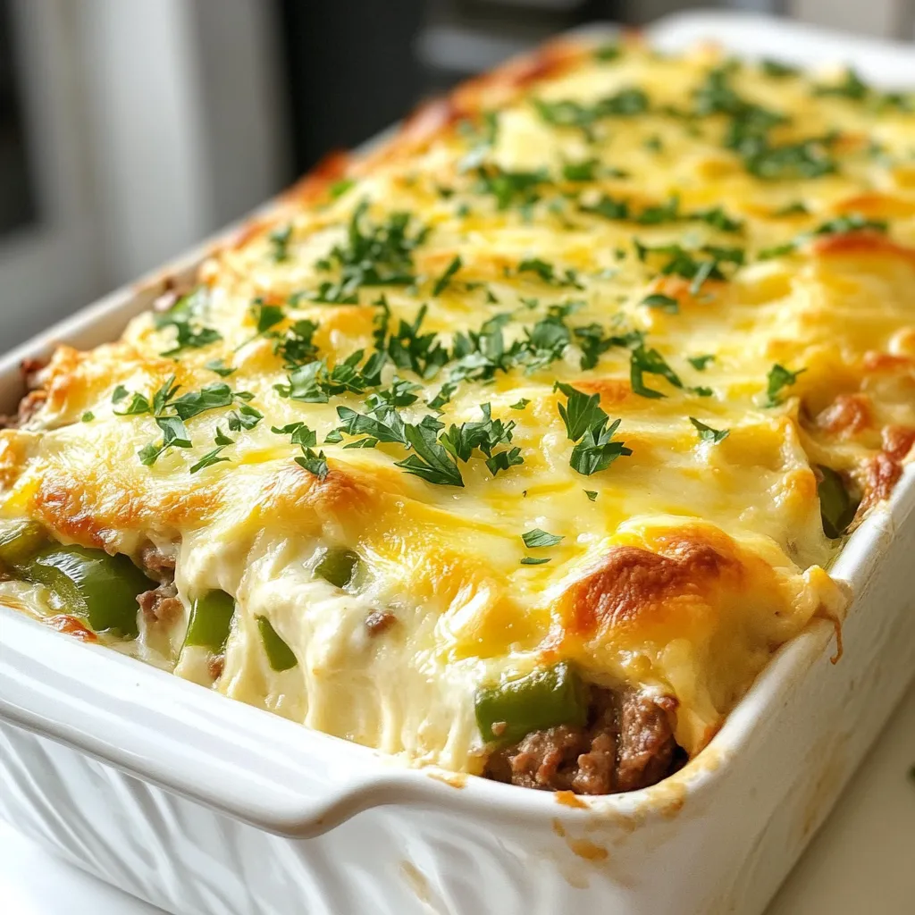 For the Low Carb Philly Cheesesteak Casserole, you will need: - 1 lb. thinly sliced beef (like flank steak or sirloin) - 1 medium onion, thinly sliced - 1 green bell pepper, thinly sliced - 1 tablespoon olive oil - 2 cloves garlic, minced - 1 cup heavy cream - 1 ½ cups shredded provolone cheese - 1 cup shredded mozzarella cheese - 1 teaspoon paprika - 1 teaspoon Italian seasoning - Salt and pepper to taste - Fresh parsley, chopped (for garnish) This casserole is low in carbs, making it great for those on keto or low-carb diets. It is also gluten-free since it does not use bread. The heavy cream and cheese provide a good source of fat, which many low-carb diets favor. However, if you have dairy allergies, you may want to substitute cream and cheese with lactose-free options. To make your casserole even tastier, consider adding: - Sliced mushrooms for a rich, earthy flavor. - Jalapeños for a spicy kick. - Worcestershire sauce for added umami depth. - Fresh herbs like thyme or oregano for more aroma. - A splash of beef broth to enhance the beef flavor. These additions can elevate your dish and make it your very own. Enjoy experimenting with these flavor boosters! {{ingredient_image_1}} First, set your oven to 350°F (175°C). This step is key for even cooking. Preheating helps the casserole cook right. Next, take a large skillet and add a tablespoon of olive oil. Heat it over medium. Slice one medium onion and one green bell pepper thinly. Add them to the skillet. Cook until soft, about 5-7 minutes. Then, add two minced garlic cloves. Stir for one more minute. This brings out all the great flavors. Once done, remove the veggies and set them aside. Now, use the same skillet for the beef. Add one pound of thinly sliced beef. Season with salt, pepper, one teaspoon of paprika, and one teaspoon of Italian seasoning. Cook for 5-8 minutes. Stir often to break apart the meat. You want it browned and cooked through. In a mixing bowl, combine one cup of heavy cream and the cooked vegetables. Add ¾ cup of shredded provolone cheese to the mix. Then, stir in the cooked beef until everything is mixed well. This step makes each bite full of flavor. Transfer the beef and veggie mix into a greased 9x13 inch baking dish. Spread it out so it’s even. Next, top it off with the remaining provolone cheese and one cup of shredded mozzarella cheese. This will give you a nice cheesy topping. Now, place the baking dish in the oven. Bake for 25-30 minutes. Look for bubbly and golden cheese on top. This is when the casserole is ready to come out. Once baked, take it out of the oven. Let it cool for a few minutes. This helps with serving. Garnish with chopped fresh parsley for a pop of color. Now, it’s time to enjoy your low-carb Philly cheesesteak casserole! To get that gooey cheese topping, use a mix of provolone and mozzarella. This blend gives great flavor and nice texture. Add the provolone to the beef mix and save the mozzarella for the top layer. Bake until the cheese bubbles and turns golden. This gives a nice crust that everyone will love. For tender beef, slice it thin. Use flank steak or sirloin for the best results. Make sure to season it well while cooking. This adds flavor and helps keep it juicy. Cook it just until it's browned, about 5-8 minutes. Overcooking can make it tough, so keep an eye on it. To save time, you can prep some ingredients ahead. Slice the onions and peppers the night before. This way, they are ready to go when you start cooking. You can also use pre-sliced beef if it’s available. This cuts down your prep time and makes the dish easier to put together. Pro Tips Tip for Beef Selection: Choose high-quality cuts like flank steak or sirloin for a tender and flavorful casserole. Tip for Creaminess: For an extra creamy texture, consider adding a little cream cheese to the heavy cream mixture. Tip for Vegetables: Feel free to mix in other vegetables like mushrooms or spinach for added nutrition and flavor. Tip for Cheese: Experiment with different cheese blends, such as cheddar or gouda, for unique flavor twists. {{image_2}} You can swap the beef for other meats. Try thinly sliced chicken or turkey. These options work well and keep the dish tasty. You can also use ground beef or turkey for a different texture. For a fun twist, try pork. Each protein brings its own flavor, making your casserole unique. To make this dish vegetarian, replace the beef with mushrooms or tempeh. Both options add a hearty feel. Use vegetable broth in place of heavy cream for a vegan version. Nutritional yeast adds a cheesy flavor without dairy. You can also load up on veggies like zucchini or eggplant to add more depth. If you like heat, add red pepper flakes or jalapeños to your meat mix. These spices will give your casserole a kick. For a milder taste, leave out any hot ingredients. You can also add sweet bell peppers for a nice balance. Adjusting spice levels helps you create your perfect casserole. To keep your Low Carb Philly Cheesesteak Casserole fresh, let it cool first. Place it in an airtight container. This will keep out moisture and odors. Store it in the fridge for up to three days. If you need to store it longer, freezing is a great option. When you're ready to enjoy the casserole again, take it out of the fridge. Preheat your oven to 350°F (175°C). Cover the casserole with foil. This will prevent it from drying out. Heat for about 20-25 minutes. Make sure it's hot all the way through. You can also reheat individual portions in the microwave for about 1-2 minutes. To freeze your casserole, first let it cool completely. Cut it into portions, if you want. Wrap each piece tightly in plastic wrap. Then place them in a freezer-safe bag or container. Label it with the date. The casserole can be frozen for up to three months. When you are ready to eat, thaw it in the fridge overnight before reheating. Yes, you can prepare this casserole ahead of time. Cook the beef and veggies, then mix them with the cream and cheese. Store everything in the fridge. When you're ready, just layer it in the dish and bake. This saves time on busy nights. Many low-carb sides work great with this casserole. Here are a few ideas: - Cauliflower rice - Zucchini noodles - Steamed broccoli - Salad with low-carb dressing These sides complement the rich flavors of the casserole while keeping your meal low in carbs. You can easily change this recipe. Try using different meats like chicken or turkey. Add more veggies like mushrooms or spinach for extra nutrition. You can also swap the cheeses. Use cheddar or gouda for a different flavor. Make it your own! Absolutely! This casserole is perfect for meal prep. You can divide it into portions and store them in containers. It reheats well, making it a great choice for quick lunches or dinners. This low-carb casserole is packed with protein from the beef and cheese. It also has healthy fats from the heavy cream and olive oil. The veggies add fiber and vitamins. Overall, it’s a balanced dish that supports a low-carb lifestyle. This blog post covered the main parts of making a great casserole. We looked at key ingredients, cooking steps, and ways to enhance flavor. I shared tips for perfect cheese and tender beef. You can customize the dish for your taste, too. In the end, casseroles are a great way to explore flavors and make meals easy. Now, you’re ready to create a delicious dish that everyone will love. Enjoy your cooking!