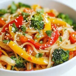 To make a tasty rice noodle stir fry, gather these simple ingredients: - 200g rice noodles - 1 tablespoon sesame oil - 1 red bell pepper, julienned - 1 yellow bell pepper, julienned - 1 cup broccoli florets - 2 carrots, julienned - 3 spring onions, chopped - 2 cloves garlic, minced - 1 tablespoon ginger, grated - 3 tablespoons soy sauce - 1 tablespoon oyster sauce (or mushroom sauce for a vegetarian option) - 1 tablespoon honey or maple syrup - 1 teaspoon chili paste (adjust to taste) - Sesame seeds for garnish - Fresh cilantro for garnish If you want a vegetarian stir fry, swap the oyster sauce for mushroom sauce. This gives the dish a rich, savory taste. You can also add more veggies! Try mushrooms, snap peas, or bok choy. These options keep the dish fresh and colorful. To make your dish shine, use these tasty garnishes: - Sesame seeds - Fresh cilantro These add crunch and a pop of flavor. You can also add lime wedges for a zesty kick! Enjoy your colorful and vibrant rice noodle stir fry. {{ingredient_image_1}} To start, you need to soak the rice noodles. Take 200 grams of rice noodles and place them in a bowl. Pour hot water over the noodles and let them soak for about 10 minutes. This softens them and prepares them for stir-frying. Once they are soft, drain the water and set the noodles aside. Next, grab a large wok or skillet. Heat one tablespoon of sesame oil over medium-high heat. When the oil is hot, add two cloves of minced garlic and one tablespoon of grated ginger. Stir them for about 30 seconds. The smell will be amazing! Now, toss in one julienned red bell pepper, one julienned yellow bell pepper, two julienned carrots, and one cup of broccoli florets. Stir-fry these for about 4 to 5 minutes. You want the veggies to be tender but still crisp. Now, it’s time to mix the sauce. In a small bowl, combine three tablespoons of soy sauce, one tablespoon of oyster sauce (or mushroom sauce for a vegetarian option), one tablespoon of honey or maple syrup, and one teaspoon of chili paste. Adjust the chili to your taste. Pour this sauce over the vegetables in the wok. Add the soaked rice noodles and chopped spring onions. Toss everything together gently. Keep stir-frying for an additional 2 to 3 minutes. This will ensure that all the flavors blend well. Once everything is heated through, you can remove it from heat. To make your rice noodle stir fry great, follow these steps: - Soak the rice noodles just right. Use hot water for about 10 minutes. - Use high heat for quick cooking. This keeps the veggies crisp and bright. - Stir often to prevent sticking. A good wok helps with this. - Don't overcrowd the pan. Cook in batches if needed for even cooking. - Prep all your ingredients first. This saves time and keeps things flowing. Here are some mistakes to steer clear of: - Overcooking the noodles makes them mushy. Drain them as soon as they soften. - Skipping the garlic and ginger can dull the flavor. Use fresh, minced garlic and grated ginger. - Not seasoning enough leads to bland food. Mix sauces well for even flavor. - Forgetting to garnish can make your dish look plain. Use sesame seeds and cilantro for a pop! Want more heat? Here’s how: - Start with a small amount of chili paste. You can always add more later. - Mix in fresh sliced chilies for a fresh kick. - Serve with chili oil on the side for those who like it hot. - For less heat, skip the chili paste or use a milder sauce. Adjust to your taste! Pro Tips Soak Noodles Properly: Ensure the rice noodles are soaked in hot water until they are fully softened to achieve the best texture. High Heat for Stir-Frying: Use medium-high heat to quickly cook the vegetables, keeping them crisp and vibrant. Customize Your Sauce: Feel free to adjust the soy sauce, honey, and chili paste levels to suit your taste preferences. Garnish for Freshness: Always add fresh cilantro and sesame seeds right before serving for an extra burst of flavor and texture. {{image_2}} You can make a great vegetarian rice noodle stir fry. Just skip the oyster sauce and use mushroom sauce instead. This sauce has a rich taste that works well with rice noodles. You can add more veggies, like snap peas or mushrooms, for extra flavor and texture. The bright colors of the peppers and carrots make the dish fun to eat. Adding protein makes your stir fry even better. You can use firm tofu or shrimp. If you choose tofu, cut it into cubes. Sauté it in the wok first until golden brown. Then, add the veggies and noodles. For shrimp, cook it until it turns pink. This adds a nice taste and texture to your dish. Both options are delicious and filling. If you need a gluten-free dish, choose rice noodles made from 100% rice. Many brands offer this. For sauces, use tamari instead of soy sauce. Tamari tastes similar but is gluten-free. Check labels on sauces to ensure they are gluten-free. You can enjoy a tasty stir fry without gluten worries. To keep your leftover rice noodle stir fry fresh, place it in a container. Use an airtight container to prevent moisture loss. Make sure to cool the stir fry to room temperature first. Then, cover it tightly and store it in the fridge. It should stay good for up to three days. When you're ready to eat, simply take the stir fry out of the fridge. You can reheat it in a pan over medium heat. Add a splash of water or oil to help it heat evenly. Stir it gently for about 5 minutes. You can also use a microwave if you prefer. Heat it in a bowl for 1-2 minutes. Stir halfway through to make sure it heats well. If you want to save the stir fry for later, freezing is a great option. Place it in a freezer-safe container or bag. Make sure to remove as much air as possible before sealing. It can last up to two months in the freezer. To thaw, place it in the fridge overnight. When ready, reheat it as described above. Enjoy your tasty meal even after a busy day! You can easily make rice noodle stir fry vegan. Just swap the oyster sauce for mushroom sauce. This change keeps the flavor while keeping it plant-based. You can also replace honey with maple syrup for sweetness. The rest of the recipe stays the same. Using fresh veggies adds a great touch too! Yes, you can use different vegetables! Feel free to mix and match based on your taste. Zucchini, snap peas, or mushrooms work great. Just cut them into similar sizes for even cooking. This flexibility makes the dish fun and colorful. Use what you have in your fridge! The best sauce combines soy sauce, oyster sauce, and honey. This mix gives a nice balance of salty and sweet. If you like heat, add chili paste. It adds a great kick! You can adjust the sauce to your liking. Experiment and find what tastes best for you! You now have everything you need to make a tasty rice noodle stir fry. We've covered ingredients, from basic to veggie options, and garnishes. You learned step-by-step instructions for soaking, cooking, and mixing. I shared tips to help you avoid common mistakes and adjust heat levels. You can customize your dish with variations like proteins or gluten-free options. In the end, stir fry is all about fun in the kitchen. Enjoy your meal and share it with friends!