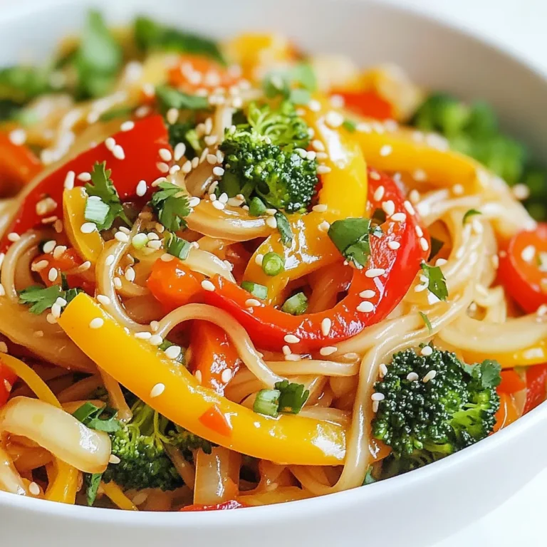 To make a tasty rice noodle stir fry, gather these simple ingredients: - 200g rice noodles - 1 tablespoon sesame oil - 1 red bell pepper, julienned - 1 yellow bell pepper, julienned - 1 cup broccoli florets - 2 carrots, julienned - 3 spring onions, chopped - 2 cloves garlic, minced - 1 tablespoon ginger, grated - 3 tablespoons soy sauce - 1 tablespoon oyster sauce (or mushroom sauce for a vegetarian option) - 1 tablespoon honey or maple syrup - 1 teaspoon chili paste (adjust to taste) - Sesame seeds for garnish - Fresh cilantro for garnish If you want a vegetarian stir fry, swap the oyster sauce for mushroom sauce. This gives the dish a rich, savory taste. You can also add more veggies! Try mushrooms, snap peas, or bok choy. These options keep the dish fresh and colorful. To make your dish shine, use these tasty garnishes: - Sesame seeds - Fresh cilantro These add crunch and a pop of flavor. You can also add lime wedges for a zesty kick! Enjoy your colorful and vibrant rice noodle stir fry. {{ingredient_image_1}} To start, you need to soak the rice noodles. Take 200 grams of rice noodles and place them in a bowl. Pour hot water over the noodles and let them soak for about 10 minutes. This softens them and prepares them for stir-frying. Once they are soft, drain the water and set the noodles aside. Next, grab a large wok or skillet. Heat one tablespoon of sesame oil over medium-high heat. When the oil is hot, add two cloves of minced garlic and one tablespoon of grated ginger. Stir them for about 30 seconds. The smell will be amazing! Now, toss in one julienned red bell pepper, one julienned yellow bell pepper, two julienned carrots, and one cup of broccoli florets. Stir-fry these for about 4 to 5 minutes. You want the veggies to be tender but still crisp. Now, it’s time to mix the sauce. In a small bowl, combine three tablespoons of soy sauce, one tablespoon of oyster sauce (or mushroom sauce for a vegetarian option), one tablespoon of honey or maple syrup, and one teaspoon of chili paste. Adjust the chili to your taste. Pour this sauce over the vegetables in the wok. Add the soaked rice noodles and chopped spring onions. Toss everything together gently. Keep stir-frying for an additional 2 to 3 minutes. This will ensure that all the flavors blend well. Once everything is heated through, you can remove it from heat. To make your rice noodle stir fry great, follow these steps: - Soak the rice noodles just right. Use hot water for about 10 minutes. - Use high heat for quick cooking. This keeps the veggies crisp and bright. - Stir often to prevent sticking. A good wok helps with this. - Don't overcrowd the pan. Cook in batches if needed for even cooking. - Prep all your ingredients first. This saves time and keeps things flowing. Here are some mistakes to steer clear of: - Overcooking the noodles makes them mushy. Drain them as soon as they soften. - Skipping the garlic and ginger can dull the flavor. Use fresh, minced garlic and grated ginger. - Not seasoning enough leads to bland food. Mix sauces well for even flavor. - Forgetting to garnish can make your dish look plain. Use sesame seeds and cilantro for a pop! Want more heat? Here’s how: - Start with a small amount of chili paste. You can always add more later. - Mix in fresh sliced chilies for a fresh kick. - Serve with chili oil on the side for those who like it hot. - For less heat, skip the chili paste or use a milder sauce. Adjust to your taste! Pro Tips Soak Noodles Properly: Ensure the rice noodles are soaked in hot water until they are fully softened to achieve the best texture. High Heat for Stir-Frying: Use medium-high heat to quickly cook the vegetables, keeping them crisp and vibrant. Customize Your Sauce: Feel free to adjust the soy sauce, honey, and chili paste levels to suit your taste preferences. Garnish for Freshness: Always add fresh cilantro and sesame seeds right before serving for an extra burst of flavor and texture. {{image_2}} You can make a great vegetarian rice noodle stir fry. Just skip the oyster sauce and use mushroom sauce instead. This sauce has a rich taste that works well with rice noodles. You can add more veggies, like snap peas or mushrooms, for extra flavor and texture. The bright colors of the peppers and carrots make the dish fun to eat. Adding protein makes your stir fry even better. You can use firm tofu or shrimp. If you choose tofu, cut it into cubes. Sauté it in the wok first until golden brown. Then, add the veggies and noodles. For shrimp, cook it until it turns pink. This adds a nice taste and texture to your dish. Both options are delicious and filling. If you need a gluten-free dish, choose rice noodles made from 100% rice. Many brands offer this. For sauces, use tamari instead of soy sauce. Tamari tastes similar but is gluten-free. Check labels on sauces to ensure they are gluten-free. You can enjoy a tasty stir fry without gluten worries. To keep your leftover rice noodle stir fry fresh, place it in a container. Use an airtight container to prevent moisture loss. Make sure to cool the stir fry to room temperature first. Then, cover it tightly and store it in the fridge. It should stay good for up to three days. When you're ready to eat, simply take the stir fry out of the fridge. You can reheat it in a pan over medium heat. Add a splash of water or oil to help it heat evenly. Stir it gently for about 5 minutes. You can also use a microwave if you prefer. Heat it in a bowl for 1-2 minutes. Stir halfway through to make sure it heats well. If you want to save the stir fry for later, freezing is a great option. Place it in a freezer-safe container or bag. Make sure to remove as much air as possible before sealing. It can last up to two months in the freezer. To thaw, place it in the fridge overnight. When ready, reheat it as described above. Enjoy your tasty meal even after a busy day! You can easily make rice noodle stir fry vegan. Just swap the oyster sauce for mushroom sauce. This change keeps the flavor while keeping it plant-based. You can also replace honey with maple syrup for sweetness. The rest of the recipe stays the same. Using fresh veggies adds a great touch too! Yes, you can use different vegetables! Feel free to mix and match based on your taste. Zucchini, snap peas, or mushrooms work great. Just cut them into similar sizes for even cooking. This flexibility makes the dish fun and colorful. Use what you have in your fridge! The best sauce combines soy sauce, oyster sauce, and honey. This mix gives a nice balance of salty and sweet. If you like heat, add chili paste. It adds a great kick! You can adjust the sauce to your liking. Experiment and find what tastes best for you! You now have everything you need to make a tasty rice noodle stir fry. We've covered ingredients, from basic to veggie options, and garnishes. You learned step-by-step instructions for soaking, cooking, and mixing. I shared tips to help you avoid common mistakes and adjust heat levels. You can customize your dish with variations like proteins or gluten-free options. In the end, stir fry is all about fun in the kitchen. Enjoy your meal and share it with friends!
