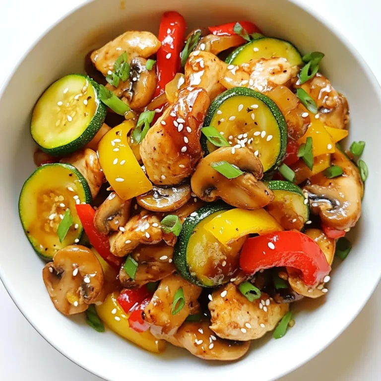- 2 boneless, skinless chicken breasts, thinly sliced - 2 medium zucchinis, sliced into half-moons - 1 cup mushrooms, sliced (button or shiitake) - 1 red bell pepper, sliced - 4 cloves garlic, minced - 1-inch piece of ginger, grated - 3 tablespoons soy sauce - 1 tablespoon sesame oil - 1 tablespoon olive oil - 1 teaspoon chili flakes (adjust to taste) - Salt and pepper to taste - 2 green onions, sliced for garnish - 1 tablespoon sesame seeds for garnish - Skillet or wok - Knife and cutting board In this recipe, I focus on fresh ingredients. The chicken provides protein, and the vegetables add color and nutrients. The soy sauce and sesame oil give a savory depth. You can adjust the chili flakes for spice. Having a sharp knife makes slicing easier. A good skillet or wok helps cook everything evenly. {{ingredient_image_1}} How to Slice Chicken and Vegetables To start, take two boneless, skinless chicken breasts. Place them on a cutting board. Use a sharp knife to slice them thinly. Aim for pieces about half an inch thick. This helps them cook evenly. Next, wash the zucchinis and slice them into half-moons. For the red bell pepper, cut it in half and remove the seeds. Then slice it into strips. Finally, slice the mushrooms. Use any type you like, such as button or shiitake. Marinating Chicken (optional) If you want to add more flavor, marinate the chicken. Mix soy sauce, salt, pepper, and chili flakes in a bowl. Add the sliced chicken and let it sit for 10 minutes. This step is not needed, but it makes the chicken tastier. Heating Oils and Cooking Chicken Heat a large skillet or wok over medium-high heat. Add one tablespoon of olive oil to the pan. Once the oil is hot, place the sliced chicken in the skillet. Season it with salt, pepper, and chili flakes. Cook the chicken for about 5-7 minutes. Stir it often until it turns golden brown and is fully cooked. Remove the chicken and set it aside. Sautéing Aromatics In the same skillet, add one tablespoon of sesame oil. Next, add four cloves of minced garlic and one inch of grated ginger. Sauté these for about 30 seconds. Stir until they smell great and are lightly golden. This step adds depth to your stir fry. Stir-Frying Vegetables and Combining Ingredients Now it’s time for the vegetables! Add the sliced zucchini, mushrooms, and red bell pepper to the skillet. Stir-fry these for 4-5 minutes. You want them to be tender but still crisp. After the veggies are done, return the cooked chicken to the skillet. Pour in three tablespoons of soy sauce. Toss everything together well, making sure all the ingredients are coated. Cook for an extra 2 minutes to blend the flavors. Presentation Tips When ready to serve, transfer your stir fry to a dish. For a pop of color, garnish it with sliced green onions and a sprinkle of sesame seeds. This makes the dish look great and adds extra flavor. Recommended Side Dishes This stir fry pairs well with rice or noodles. You can also serve it with a fresh salad. These sides will complement the flavors and make your meal complete. Best Practices for Stir-Frying To stir-fry well, use a hot skillet or wok. Heat the pan until it’s very hot. Add oil and let it heat up before adding food. This helps create a nice sear on the chicken and veggies. Keep the food moving in the pan for even cooking. Achieving the Right Texture for Vegetables For perfect veggies, cut them into equal sizes. This ensures they cook at the same rate. Stir-fry zucchini, mushrooms, and bell peppers for about 4-5 minutes. They should be tender but still crisp. This gives a nice bite in every bite. Substituting Ingredients Based on Preference You can swap chicken for tofu or shrimp if you want. Use any veggies you like, such as broccoli or snap peas. This dish is flexible and lets you use what you have at home. Adjusting Spice Levels If you like it spicy, add more chili flakes. For less heat, cut back on them or leave them out. You can also add a splash of hot sauce at the end for a kick. Storing Leftovers Store any leftovers in an airtight container. This keeps your food fresh. It will last in the fridge for about 3-4 days. How to Reheat Properly To reheat, place the stir-fry in a skillet over medium heat. Stir often until it’s heated through. You can also use the microwave, but it may make the veggies softer. Enjoy your meal again without losing flavor! Pro Tips Use Fresh Ingredients: Fresh vegetables and high-quality chicken will enhance the flavor and texture of your stir fry. Adjust the Heat: Feel free to modify the amount of chili flakes to suit your spice preference for a personalized kick. Quick Cooking: Stir fry at high heat for a short period to keep the vegetables crisp and vibrant. Serve Immediately: For the best taste and texture, serve your stir fry right after cooking while it’s still hot and fresh. {{image_2}} You can change proteins in this dish. Tofu works great for a vegan meal. If you want beef, thinly slice flank steak. Both options taste amazing with the same sauce. You can also swap vegetables. Try adding broccoli, snap peas, or carrots. Each brings a unique taste and texture. Feel free to mix and match! If you need gluten-free options, use tamari instead of soy sauce. It tastes similar but is safe for gluten-sensitive diets. You can also skip the soy sauce and use coconut aminos. For low-carb alternatives, replace chicken with cauliflower. Cauliflower has a great texture. It soaks up flavors well and keeps the dish light. Want to add a twist? Try new sauces like teriyaki or sweet chili sauce. These can give your stir-fry a fun kick. You can also add fresh herbs like basil or cilantro for brightness. For serving ideas, consider using lettuce wraps. They make a fun way to eat the stir-fry. You can also serve it over cauliflower rice for a healthy twist. How Long it Lasts You can keep your zucchini mushroom chicken stir fry in the fridge for up to four days. After cooking, let it cool to room temperature. Place it in an airtight container. This helps keep it fresh. Best Practices for Proper Storage When storing, separate the stir fry into smaller portions. This makes it easy to reheat later. Ensure the lid is tightly closed. This reduces air exposure and keeps your meal tasty. Freezing the Stir Fry To freeze your stir fry, let it cool completely. Place it in freezer-safe bags or containers. Try to remove as much air as possible to prevent freezer burn. It can last for up to three months in the freezer. Thawing and Reheating Tips When you’re ready to eat, thaw the stir fry in the fridge overnight. Reheat it in a skillet over medium heat. Add a splash of water or broth if it seems dry. Heat until it’s hot throughout. Preparing Ahead for Quick Meals You can prep the chicken and veggies ahead of time. Slice the chicken and vegetables and store them in separate containers. This allows you to whip up a meal in no time. Storing Components Separately Store your stir fry sauce in a small jar. Keep it separate from the chicken and vegetables. This helps keep everything fresh and flavorful until you’re ready to cook. What can I substitute for soy sauce? You can use coconut aminos for a soy-free option. It has a sweet flavor. Tamari is a good choice too, especially for gluten-free diets. How can I make this dish spicier? Add more chili flakes or fresh chopped chili. You can also use hot sauce. Adjust to your heat preference for the best flavor. Why is my chicken tough? Chicken can be tough if overcooked. Make sure to cook it just until done. Thin slices help it cook faster and stay tender. How do I know when the vegetables are done? Cook the veggies for 4-5 minutes until they are tender but still crisp. They should have a bright color and a slight snap. Is this recipe keto-friendly? Yes, it is keto-friendly! The recipe has low carbs from vegetables. Just watch the amount of soy sauce for added carbs. Can I make this vegan? Absolutely! Replace chicken with tofu or tempeh. Use a vegan soy sauce and skip the sesame oil for a plant-based dish. In this blog post, we covered how to create a delicious stir-fry. We explored main ingredients like chicken, vegetables, and spices. You learned cooking steps and tips for perfect texture. I shared ways to vary the dish with different ingredients or garnishes. You now have storage tips to keep leftovers fresh. Stir-frying is quick and easy. With practice, your meals can be delicious and fun. Enjoy your cooking journey!
