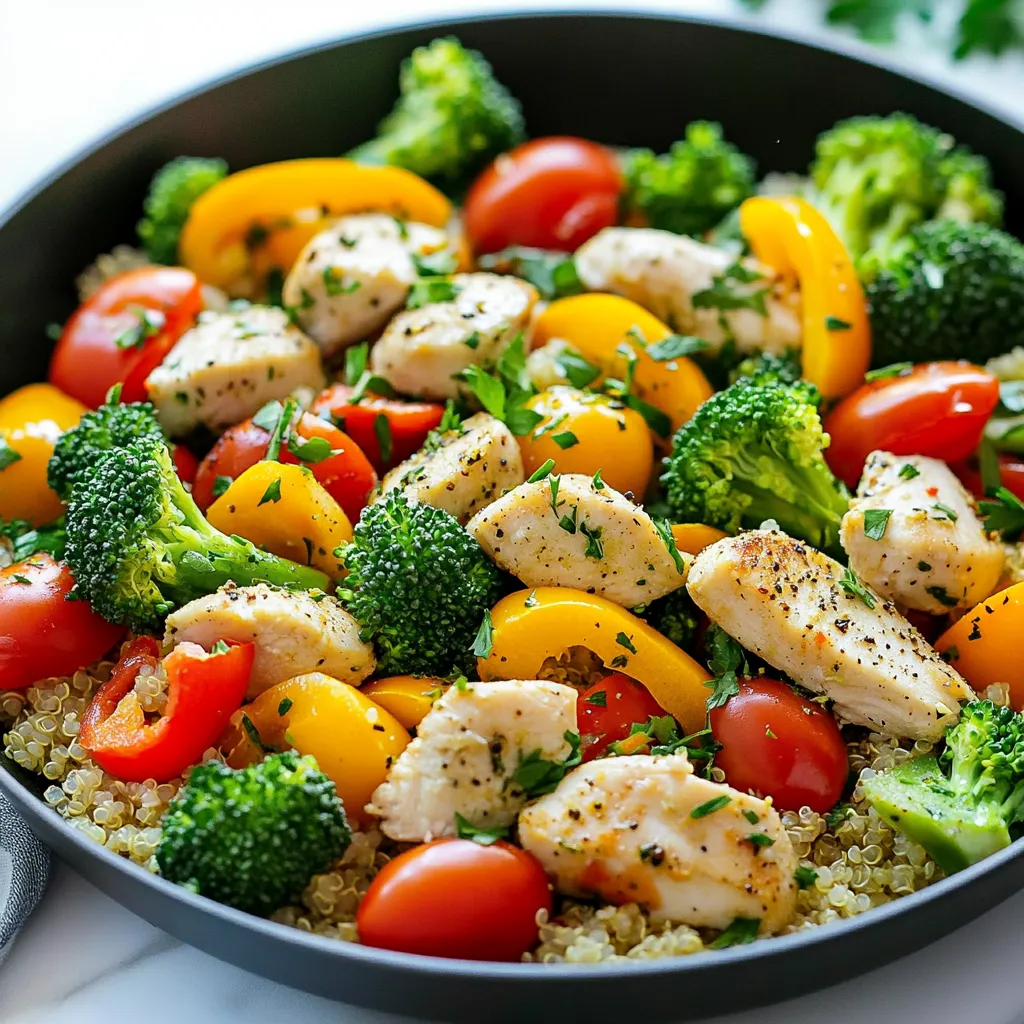 - 2 chicken breasts, diced into bite-sized pieces - 1 cup broccoli florets - 1 cup bell peppers (red and yellow), chopped - 1 cup cherry tomatoes, halved - 1 medium onion, diced - 3 cloves garlic, minced - 2 tablespoons olive oil - 1 teaspoon dried Italian herbs - 1 teaspoon smoked paprika - Salt and pepper to taste - 1 cup vegetable broth - 1 cup quinoa, rinsed - Fresh parsley, chopped (for garnish) The main ingredients for this dish are simple yet packed with flavor. Chicken breasts give this meal protein. The veggies add color, taste, and nutrition. Broccoli brings crunch, while bell peppers add sweetness. Cherry tomatoes offer freshness. Onion and garlic boost the flavor even more. Olive oil helps cook everything together, making it juicy and tasty. - Additional vegetables or spices - Protein substitutes You can swap in other vegetables if you like. Zucchini or carrots work well. You can also add spices like cayenne for heat. If you want a different protein, feel free to use turkey, tofu, or shrimp. These choices can change the dish and keep it exciting. - Large skillet - Cooking utensils You will need a large skillet for this recipe. A good skillet helps cook everything evenly. You will also need basic cooking utensils, like a spatula and a knife, to chop and stir. Having the right tools makes cooking easier and more fun. {{ingredient_image_1}} Start by cutting the chicken breasts into small, bite-sized pieces. This helps them cook evenly. In a large skillet, heat 2 tablespoons of olive oil over medium heat. When the oil is hot, add the chicken. Season it with salt, pepper, 1 teaspoon of smoked paprika, and 1 teaspoon of dried Italian herbs. Cook the chicken for about 5 to 7 minutes. It should be browned and cooked through. Once done, take the chicken out and set it aside. In the same skillet, add the diced onion and minced garlic. Sauté them for 2 to 3 minutes. You want them to get soft and fragrant. Next, add 1 cup of broccoli florets and 1 cup of chopped bell peppers. Keep cooking for another 3 to 4 minutes. The veggies should start to soften but still have a bit of crunch. Now it’s time to bring everything together. Stir in 1 cup of rinsed quinoa and 1 cup of halved cherry tomatoes. Pour in 1 cup of vegetable broth and mix well. Make sure all ingredients are combined. This step will infuse the quinoa with lots of flavor. Turn the heat down to low. Add the cooked chicken back into the skillet and cover it. Let it simmer for about 15 to 20 minutes. This will help the quinoa cook perfectly and soak up all the broth. Stir occasionally to make sure nothing sticks to the bottom. When the quinoa is fluffy and the veggies are tender, it’s time to serve! Taste the dish and add more salt or pepper if needed. Remove it from the heat and garnish with fresh chopped parsley. This adds a nice touch. Serve it warm, and enjoy your delicious one pot meal! To ensure your chicken is perfectly cooked, cut it into small, even pieces. This helps it cook faster and stay juicy. Sauté the chicken in a hot skillet with olive oil. Season it well with salt, pepper, smoked paprika, and Italian herbs. Cook it for about 5 to 7 minutes or until it is no longer pink inside. Use a meat thermometer to check for doneness; it should reach 165°F (75°C). This way, your chicken will be tender and full of flavor. For an extra kick, you can add more herbs and spices. Consider using fresh basil or thyme for a fresh taste. A pinch of red pepper flakes will add heat. You can also try adding lemon zest for brightness. These small changes can make your dish stand out and keep your taste buds excited. Pre-chopping your ingredients can save you a lot of time. Before you start cooking, chop the chicken, vegetables, and garlic. You can also rinse the quinoa in advance. Having everything ready to go means you can focus on cooking. It makes your One Pot Chicken Veggie Skillet quick and easy to prepare, even on busy nights. Pro Tips Use Fresh Ingredients: Fresh vegetables and high-quality chicken will enhance the flavor of your dish significantly. Customize the Veggies: Feel free to swap out the vegetables based on what you have on hand or your personal preference. One-Pot Cooking: This recipe is designed for easy cleanup; make sure to use a large enough skillet to accommodate all ingredients. Garnish for Flavor: Don't skip the fresh parsley; it adds a burst of color and freshness to the final dish. {{image_2}} You can switch chicken for turkey, tofu, or shrimp. Turkey is lean and tasty. It cooks similarly to chicken. Tofu offers a plant-based option. Just be sure to press it to remove extra water. Shrimp cooks quickly and adds a nice touch. Adjust cooking times based on your choice. Feel free to mix in seasonal veggies. Zucchini, carrots, or spinach work great. You can also use frozen veggies if fresh ones are not available. Frozen veggies save time and reduce waste. Just add them in when you add the quinoa and broth. They will cook well in the skillet. For gluten-free needs, use quinoa as your grain. Quinoa is naturally gluten-free. If you want a low-carb option, skip the quinoa. You can add more veggies instead. Cauliflower rice is a great substitute. It keeps the dish light while still being filling. Store your One Pot Chicken Veggie Skillet in an airtight container. Let it cool first, then place it in the fridge. It’s best if you use it within three days. This keeps the flavors fresh and the chicken safe to eat. To freeze, let the skillet cool completely. Divide it into portions and use freezer-safe bags or containers. Remove as much air as possible to prevent freezer burn. When you're ready to eat, thaw it overnight in the fridge. Heat it on the stove or microwave until hot. In the fridge, this dish lasts about three days. If frozen, it can stay good for up to three months. After that, you might notice a drop in quality. Always check for signs of spoilage before eating. Yes, you can make this dish ahead of time. Cook the One Pot Chicken Veggie Skillet and let it cool. Then, store it in an airtight container in the fridge. It lasts for up to three days. You can also prepare the ingredients in advance. Chop the chicken and veggies, and store them separately. This way, you save time and enjoy a quick meal later. This dish is a complete meal, but you can add sides for variety. Here are some great options: - A simple green salad with a light dressing. - Crusty bread to soak up the flavors. - Rice or another grain for extra carbs. - Steamed veggies for added nutrients. These sides enhance your meal while keeping it balanced. To scale the recipe, simply multiply each ingredient by the number of servings you want. For example, if you want to serve eight, double all ingredients. This works well for chicken, veggies, and broth. Keep in mind that cooking time might vary slightly. Check the quinoa for doneness and adjust as needed. This blog post guides you through making a delicious One Pot Chicken Veggie Skillet. We covered the main ingredients, cooking steps, and tips for perfect results. You learned about optional ingredients for extra flavor and how to adapt for dietary needs. By using this recipe, you can save time and enjoy a tasty meal. Cooking can be fun and simple with these easy tips and tricks. Now you have the skills to make this dish your own!