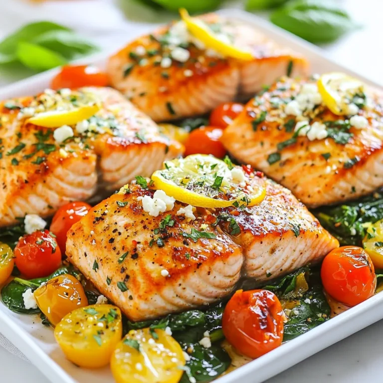 Here are the ingredients you need to make Tuscan Salmon Delight: - 4 salmon fillets (skin-on) - 1 tablespoon olive oil - 2 cloves garlic, minced - 1 cup cherry tomatoes, halved - 1 cup baby spinach - 1 teaspoon dried Italian herbs (oregano, thyme, basil) - 1 lemon, zested and juiced - Salt and pepper to taste - 1/4 cup feta cheese, crumbled - Fresh basil leaves for garnish Each ingredient plays a key role in creating a dish full of flavor. The salmon is rich and buttery. The olive oil helps it cook perfectly. Garlic adds a nice punch. Cherry tomatoes bring sweetness and juiciness. Baby spinach adds color and nutrition. Dried Italian herbs give depth. Lemon adds brightness with its zest and juice. Feta cheese brings creaminess. Finally, fresh basil garnishes the dish and adds freshness. With these ingredients, you can create a meal that feels gourmet yet is simple to prepare. Enjoy the process of gathering these fresh items, as they will set the stage for a delightful culinary experience! {{ingredient_image_1}} First, set your oven to 400°F (200°C). This step warms the oven for cooking the salmon. Next, take a large oven-safe skillet. Add 1 tablespoon of olive oil over medium heat. Once hot, add 2 cloves of minced garlic. Cook it for 1 minute until you smell its nice aroma. Now, add 1 cup of halved cherry tomatoes. Cook these for 3-4 minutes. They should soften and let out their juices. Now, stir in 1 cup of baby spinach. Cook it for about 2 minutes until it wilts. Sprinkle in 1 teaspoon of dried Italian herbs, along with salt and pepper to taste. This will give your dish a lovely flavor. Next, push the veggies to the side of the skillet. Create space for your 4 salmon fillets, skin-side down. Squeeze the juice of 1 lemon over the salmon. Then, sprinkle the lemon zest on top. Finally, add 1/4 cup of crumbled feta cheese on each fillet. Now it's time to bake! Carefully transfer your skillet to the preheated oven. Bake for 12-15 minutes. The salmon is done when it flakes easily with a fork. Once it’s cooked, take it out and let it sit for a minute. Before serving, add fresh basil leaves on top for a nice touch. When picking salmon, look for bright, shiny skin. The color should be a rich pink or orange. Check for fresh smell; it should not smell fishy. Choose fillets that are thick and firm. Skin-on fillets help keep the fish moist during cooking. If you can, buy wild-caught salmon for better flavor. Fresh herbs make a big difference. Basil, parsley, and dill add bright notes. Use them right before serving for the best taste. You can also mix fresh herbs into the veggies while cooking. This adds flavor to both the salmon and the side veggies. If you have extra herbs, chop them up and sprinkle them on top. Serve your Tuscan salmon with simple sides. A light salad with mixed greens works well. You can also pair it with roasted vegetables or steamed rice. For a fun twist, serve it over pasta tossed with olive oil and lemon. A glass of white wine, like Sauvignon Blanc, complements the dish nicely. Don't forget to add some crusty bread to soak up the juices! Pro Tips Fresh Ingredients: Using fresh, high-quality salmon and vegetables will significantly enhance the flavor of your dish. Skin-On Cooking: Cooking salmon with the skin on helps to retain moisture and adds flavor. It can be easily removed after cooking if desired. Adjusting Flavor: Feel free to modify the amount of lemon juice and zest according to your taste preference for a more citrusy kick. Serving Suggestions: This dish pairs beautifully with a side of quinoa or a fresh green salad for a complete meal. {{image_2}} For a bright twist, try Lemon Herb Tuscan Salmon. Use the same base recipe. Add extra lemon zest and juice. This adds a fresh, zesty flavor. You can also increase the herbs. A mix of thyme, oregano, and basil works great. This variation enhances the dish and makes it burst with flavor. If you love heat, Spicy Tuscan Salmon is for you. Start with the basic recipe. Add red pepper flakes or sliced jalapeños to the garlic. This will give your dish a nice kick. You can also use spicy feta cheese. It adds heat and creaminess. This option is perfect for those who enjoy bold flavors. Want to take this dish outdoors? Try the Grilled Tuscan Salmon option. Instead of baking, preheat your grill. Use a grill-safe pan or foil. Follow the same steps, then place the salmon on the grill. Cook for about 6-8 minutes on each side. Grilling adds a smoky flavor and crispy skin. This method gives a delicious twist to your Tuscan Salmon. To keep your leftover salmon fresh, place it in an airtight container. This helps seal in moisture and flavor. You can store it in the fridge for up to three days. If you are not eating it soon, consider freezing it instead. When you reheat salmon, you want it moist and flavorful. The best way is to use the oven. Preheat your oven to 275°F (135°C). Place the salmon on a baking sheet and cover it with foil. Heat it for about 15 minutes. This keeps the fish juicy and tender. To freeze salmon, wrap it tightly in plastic wrap or foil. This prevents freezer burn. It can last up to three months in the freezer. When you are ready to eat it, thaw the salmon overnight in the fridge. This helps maintain its texture and taste. Avoid thawing at room temperature, as it may cause uneven cooking. Tuscan Salmon pairs nicely with many sides. Here are some great options: - Garlic mashed potatoes - Roasted asparagus - Quinoa salad - Steamed broccoli - Couscous with herbs These sides add flavor and balance to your meal. Yes, you can use frozen salmon. Just make sure to thaw it first. Place it in the fridge overnight or use cold water to speed up the process. This helps the salmon cook evenly. You can tell salmon is done when it flakes easily with a fork. The internal temperature should reach 145°F (63°C). If you see it turn from translucent to opaque, it’s ready to eat. Yes, Tuscan Salmon works well for meal prep. You can store leftovers in the fridge for up to three days. Just reheat gently in the microwave or oven. This keeps it moist and tasty. This blog post covered a tasty Tuscan salmon recipe. We discussed key ingredients, step-by-step instructions, and helpful tips. You can choose different variations to match your taste. Remember to store any leftovers properly, so they stay fresh. Tuscan salmon pairs well with many sides and is great for meal prep. Enjoy making this dish that’s easy and delicious. I hope you try it soon!