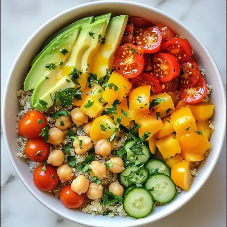 - 1 cup quinoa, rinsed - 2 cups vegetable broth (low sodium) - 1 cup cherry tomatoes, halved - 1 cup cucumber, diced - 1 bell pepper (any color), diced - 1 avocado, sliced - 1 cup chickpeas, cooked or canned (drained and rinsed) - 2 tablespoons olive oil - 1 tablespoon lemon juice - 1 teaspoon cumin - 1 teaspoon smoked paprika - Salt and pepper to taste - Fresh parsley or cilantro for garnish Quinoa is a great source of protein and fiber. It helps keep your blood sugar steady. This grain also has many vitamins and minerals. It is gluten-free and easy to digest. Vegetable broth adds flavor without many calories. It is low in sodium, which is good for heart health. Cherry tomatoes are full of antioxidants. They help reduce inflammation and boost your immune system. Cucumbers are hydrating and low in calories. They help you feel full without adding extra sugar. Bell peppers are rich in vitamin C. They support your immune system and skin health. Avocado is high in healthy fats. It helps you feel satisfied and supports heart health. Chickpeas are a great plant-based protein. They are high in fiber and help manage blood sugar. Olive oil provides healthy fats. It can lower the risk of heart disease. Lemon juice adds flavor and vitamin C. It can help with digestion and increase iron absorption. Cumin and smoked paprika add flavor without extra calories. They also have health benefits like aiding digestion. Portion sizes matter for managing diabetes. Eating the right amount helps control blood sugar. For quinoa, one serving is about half a cup cooked. Vegetables should fill half your plate. This keeps calories low and nutrients high. Aim for one cup of mixed veggies. Limit avocado to a quarter for healthy fats. Chickpeas should be about half a cup. Use the dressing sparingly. Two tablespoons is enough to flavor your dish without extra calories. Keeping portions in check helps you enjoy this bowl while managing your health. {{ingredient_image_1}} To start, rinse 1 cup of quinoa under cold water. This removes the bitter taste. In a medium saucepan, combine the rinsed quinoa and 2 cups of low-sodium vegetable broth. Bring this mixture to a boil over medium-high heat. Once it boils, reduce the heat to low. Cover the pot and simmer for about 15 minutes. You want the quinoa to absorb all the liquid. When done, the quinoa should look fluffy and light. Use a fork to fluff it up gently. Let it cool for a few minutes before mixing it with veggies. While the quinoa cooks, it’s time to chop. Cut 1 cup of cherry tomatoes in half. Dice 1 cup of cucumber and 1 bell pepper of any color. If you use canned chickpeas, drain and rinse 1 cup. In a large bowl, mix the tomatoes, cucumber, bell pepper, and chickpeas. Now for the dressing! In a small bowl, whisk together 2 tablespoons of olive oil, 1 tablespoon of lemon juice, 1 teaspoon of cumin, and 1 teaspoon of smoked paprika. Add salt and pepper to taste. This dressing will add flavor to your bowl. Once the quinoa has cooled, add it to the vegetable bowl. Drizzle the dressing over everything and toss gently. Make sure all ingredients blend well. For a tasty finish, slice 1 avocado and place it on top. You can also garnish with fresh parsley or cilantro. Serve this quinoa bowl warm or cold. It’s a great dish for lunch or dinner. Enjoy your healthy, diabetes-friendly meal! To boost the health of your quinoa bowl, try adding leafy greens. Spinach or kale adds fiber and vitamins. You can also include nuts or seeds for crunch and healthy fats. Pumpkin seeds or walnuts work well. Consider using a variety of veggies for more nutrients. Roasting them can enhance their flavor. Opt for low-sodium broth to keep salt levels down. This keeps your meal heart-healthy. One common mistake is not rinsing quinoa before cooking. Rinsing removes a bitter coating called saponin. Always rinse it under cold water. Another mistake is overcooking quinoa. This can make it mushy. Cook it just until it’s fluffy and the liquid is gone. Adding too much dressing can overpower the flavors. Start with a little, then add more if needed. Lastly, avoid skipping portion control. Even healthy foods can lead to weight gain if eaten in large amounts. When cooking quinoa, use the right water-to-quinoa ratio. A 2:1 ratio of broth to quinoa works best. This helps control the texture. Let the quinoa rest after cooking. This allows it to absorb any remaining moisture. Keep servings small, about half a cup. Pair quinoa with protein, like chickpeas or chicken, to stabilize blood sugar. Lastly, include fiber-rich veggies. These can slow down sugar absorption, helping maintain steady blood sugar levels. Pro Tips Rinse Quinoa Thoroughly: Always rinse quinoa under cold water before cooking to remove its natural coating, saponin, which can impart a bitter taste. Customize Your Veggies: Feel free to mix and match your favorite vegetables in this quinoa bowl. Seasonal veggies can enhance both flavor and nutrition. Perfect Avocado: To ensure your avocado is perfectly ripe, gently press on its skin. It should yield slightly without being mushy. Meal Prep Friendly: This quinoa bowl can be made ahead of time and stored in the refrigerator for up to 3 days, making it a great option for meal prep. {{image_2}} You can boost your quinoa bowl with protein. Lean meats like chicken or turkey work well. Tofu is a great plant-based option. Just cube the tofu and sauté it lightly. This adds texture and flavor. Each protein choice helps balance blood sugar and keeps you full longer. Feel free to change the veggies based on what is fresh. In summer, add zucchini or bell peppers. In fall, consider roasted squash or sweet potatoes. Seasonal veggies not only taste great, but they also give you different nutrients. You’ll find new favorites by mixing up the vegetables. You can enhance the flavor with different dressings or spices. Try a tahini dressing for a nutty taste. A splash of balsamic vinegar adds a sweet tang. Experiment with spices like turmeric or coriander. These small changes can make your quinoa bowl exciting and new each time! After enjoying your quinoa bowl, store any leftovers right away. Use an airtight container to keep it fresh. This helps to keep out air and moisture. Label the container with the date. This way, you’ll know when you made it. You can keep the quinoa bowl in the fridge for up to three days. After that, the quality may decline. Always check for any signs of spoilage before eating. If it smells off or looks weird, throw it away. Freezing is a great way to save your quinoa bowl for later. You can freeze it for up to three months. Divide it into single-serving containers. Make sure to leave some space at the top for expansion. When you're ready to eat, thaw it in the fridge overnight. Reheat it gently in the microwave or on the stove. This keeps the flavors and texture intact. The glycemic index (GI) of quinoa is about 53. This makes it a low-GI food. Foods with a low GI can help manage blood sugar levels. Quinoa releases sugar slowly into the blood. This keeps your energy steady and helps avoid spikes. Yes, you can make this bowl vegan and gluten-free. Quinoa is naturally gluten-free, so it's a great choice. To make it vegan, use vegetable broth and skip any animal products. All the ingredients in this bowl are plant-based. This makes it easy for everyone to enjoy. Quinoa helps manage diabetes because it is high in fiber. Fiber slows down sugar absorption in the body. This helps keep blood sugar levels stable. Quinoa also provides protein, which is important for feeling full. This bowl includes chickpeas, adding even more plant protein. Eating quinoa can lead to better blood sugar control. This article covered the key ingredients for a healthy quinoa bowl. We explored how each ingredient benefits your health and why portion sizes matter for diabetes. I shared step-by-step cooking steps for perfect quinoa and delicious vegetables. I also provided tips to enhance your dish and avoid common mistakes. Finally, we discussed how to store leftovers and answered some common questions. Remember, making small changes can lead to big health benefits. Enjoy your cooking journey and savor each bite!