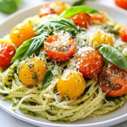 - 8 oz (225 g) spaghetti or your preferred pasta - 1 cup cherry tomatoes, halved - 1 cup basil pesto (store-bought or homemade) - 2 tablespoons olive oil - 1 teaspoon balsamic vinegar - Salt and pepper to taste - ½ cup grated Parmesan cheese (plus extra for serving) - Fresh basil leaves for garnish The main ingredients bring a lot of flavor to the dish. The pasta serves as a base. The cherry tomatoes add a sweet burst when roasted. Pesto provides that herby richness, while Parmesan gives a salty kick. - Crushed red pepper flakes - Pine nuts or walnuts for crunch - Lemon zest for brightness Using optional ingredients can make your dish more exciting. A sprinkle of red pepper flakes adds heat. Nuts give a nice texture. Lemon zest brightens up the flavors and balances the richness. - Baking sheet for roasting tomatoes - Large pot for boiling pasta - Wooden spoon for mixing - Colander for draining pasta Having the right tools makes cooking easier. A baking sheet is perfect for roasting. A large pot helps cook the pasta evenly. A colander lets you drain the pasta without making a mess. {{ingredient_image_1}} First, preheat your oven to 400°F (200°C). This temperature gets the tomatoes nice and juicy. Next, take 1 cup of halved cherry tomatoes. Toss them with 1 tablespoon of olive oil, salt, and pepper on a baking sheet. Spread them out evenly. Roast in the oven for 15-20 minutes. You want them blistered and caramelized for the best flavor. While the tomatoes roast, fill a large pot with salted water. Bring it to a boil. Add 8 ounces of spaghetti or your favorite pasta. Cook as the package says, usually 8-10 minutes. You want it al dente, which means tender but still firm. After cooking, save ½ cup of the pasta water. Drain the rest and put the pasta back in the pot. Now, stir in 1 cup of basil pesto with the pasta. Add the remaining tablespoon of olive oil and 1 teaspoon of balsamic vinegar. Mix well until every strand is coated. If it feels dry, slowly add some of the reserved pasta water. Gently fold in the roasted tomatoes. Sprinkle in ½ cup of grated Parmesan cheese and mix. Taste and add more salt and pepper if needed. Serve hot for the best taste. Top with extra Parmesan cheese and fresh basil leaves for a nice finish. This dish looks great and tastes even better. Enjoy your flavorful meal! Choosing great tomatoes makes a big difference. Look for cherry tomatoes that feel firm and heavy. Their color should be bright and shiny. Avoid any that feel soft or have dark spots. Fresh tomatoes are sweet and juicy, which works well with pesto and pasta. You can use store-bought pesto for quick meals. It saves time and still tastes good. However, making homemade pesto gives you control over flavors. Use fresh basil, garlic, nuts, and cheese to create your own mix. You can adjust the taste to your liking. Both options work well with roasted tomatoes. To cook pasta perfectly, use a large pot with plenty of water. Add salt once the water boils; it helps flavor the pasta. Cook until al dente, which means it should be firm but not hard. Save some pasta water to help mix with your sauce later. This extra step makes your dish creamy and delicious. Pro Tips Use Fresh Basil: For the best flavor, use fresh basil in your pesto. It enhances the aroma and taste of the dish significantly. Customize Your Pasta: Feel free to substitute spaghetti with any pasta shape you prefer, such as penne or fusilli, for a different texture. Add Protein: For a heartier meal, consider adding grilled chicken, shrimp, or chickpeas to your pasta for extra protein. Don't Skip the Pasta Water: The reserved pasta cooking water helps to create a silky sauce. Add it gradually for the perfect consistency. {{image_2}} You can mix different veggies into your pesto pasta. Try adding spinach for extra greens. Zucchini adds a nice crunch. Bell peppers give a sweet taste. You can also toss in peas for a pop of color and flavor. Just roast them or sauté them lightly before mixing. This makes your dish colorful and healthy. For protein, consider adding cooked chicken or shrimp. Grilled chicken gives a great smoky taste. Shrimp cooks quickly and absorbs the pesto flavor well. You can also use beans like chickpeas for a plant-based option. They add protein and fiber without meat. Just fold them in with the pasta and tomatoes. If you need gluten-free pasta, use rice or chickpea pasta. They taste great with pesto. For a low-carb choice, try zucchini noodles, known as zoodles. They are light and soak up flavors well. Just spiralize your zucchini and sauté it for a few minutes. This will give you a tasty, low-carb meal. After enjoying your pesto pasta with roasted tomatoes, store leftovers in an airtight container. Let the pasta cool to room temperature first. Then, place it in the fridge. It will stay fresh for about three days. If you need to store it longer, consider freezing it. To reheat your pasta, place it in a pot over low heat. Add a splash of water or olive oil to keep it moist. Stir gently until warmed through. You can also microwave it in a bowl. Cover it with a microwave-safe lid. Heat for one minute, stir, and heat again if needed. To freeze pesto pasta, follow these steps: - Cool the pasta completely. - Portion it into freezer-safe bags. - Squeeze out excess air before sealing. - Label the bags with the date. You can freeze it for up to three months. To enjoy, thaw it in the fridge overnight before reheating. I love using spaghetti for this dish. It captures the sauce well. You can also use penne, fusilli, or any pasta you like. Just make sure it cooks al dente, so it holds its shape. Yes, you can make this dish vegan! Simply swap the Parmesan cheese with a vegan option. You can also use nutritional yeast for a cheesy flavor. Check the pesto ingredients too, as some brands add cheese. Roasted tomatoes taste best fresh. If you have leftovers, store them in the fridge. They will last for about 3 to 5 days in an airtight container. You can also freeze them, but they may lose some texture. Absolutely! Homemade pesto adds a fresh touch. You can use basil, spinach, or even arugula. Just blend it with nuts, olive oil, garlic, and Parmesan. The flavor will be bright and unique in your dish. You now know how to make delicious pesto pasta with roasted tomatoes. We covered the main and optional ingredients, equipment needed, and step-by-step instructions. You learned tips for the best tomatoes, cooking tips, and variations to try. Don't forget about storage tips for leftovers and answers to common questions. Overall, this dish is easy to make and fun to customize. Enjoy your cooking journey and experiment with your own flavors!