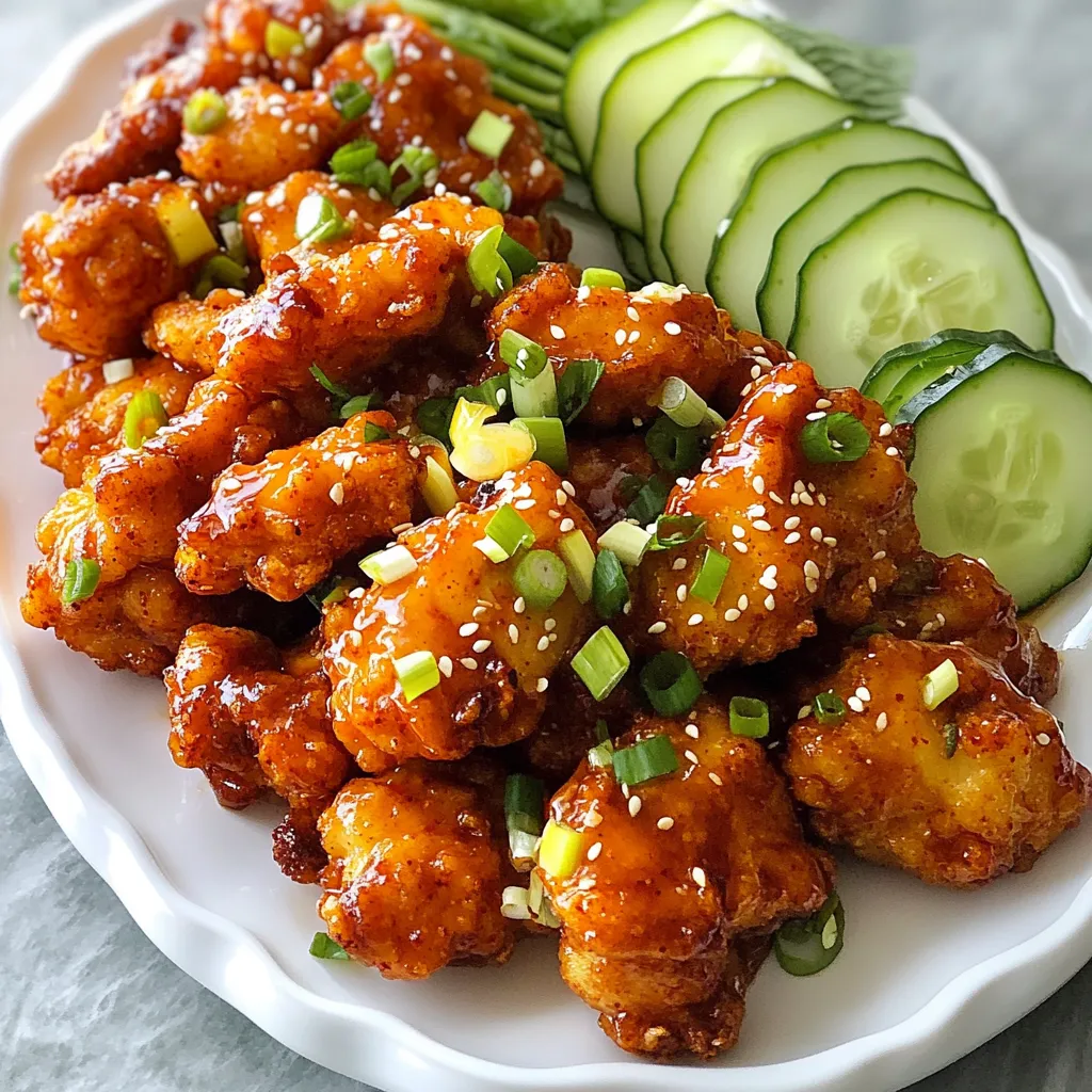 - 1 lb (450g) boneless chicken thighs, cut into bite-sized pieces - 1/2 cup cornstarch - 1/2 teaspoon salt - 1/2 teaspoon black pepper - 1 cup vegetable oil (for frying) The base of this dish is the boneless chicken thighs. They stay juicy and tender when cooked. The cornstarch gives the chicken a perfect crunch. The salt and pepper bring out the natural flavors of the chicken. - 1/4 cup gochujang (Korean chili paste) - 2 tablespoons honey - 2 tablespoons soy sauce - 1 tablespoon sesame oil - 2 cloves garlic, minced - 1 teaspoon ginger, minced - 1 tablespoon rice vinegar This sauce adds a kick to the chicken bites. Gochujang is a thick, spicy paste that gives a deep flavor. Honey adds a bit of sweetness to balance the heat. Soy sauce and sesame oil add umami and richness, while garlic and ginger bring freshness. Rice vinegar adds a little tang to round out the flavor. - Sesame seeds - Chopped green onions - Cucumber slices and pickled radish Garnishes make your dish more appealing. Sesame seeds add a nice crunch. Chopped green onions give a fresh taste. Cucumber slices and pickled radish add a cool, crisp contrast. These optional items can elevate your meal and make it look beautiful. {{ingredient_image_1}} To start, you need to coat the chicken. Use 1/2 cup of cornstarch. This makes the chicken crispy. Mix the cornstarch with 1/2 teaspoon of salt and 1/2 teaspoon of black pepper in a large bowl. Then, add your 1 lb of boneless chicken thighs. Toss until each piece is fully coated. This coating is key. It traps moisture and gives that crunch you want. Next, heat the oil. Use a deep skillet or wok. Pour in 1 cup of vegetable oil. Set the heat to medium-high. The oil needs to reach about 350°F or 175°C. You can test it by dropping a small piece of chicken in. If it sizzles, it’s ready! Now, fry the chicken. Add the coated pieces in small batches. Avoid overcrowding the pan. Fry for about 5-7 minutes. Look for a golden brown color. This shows they are cooked through. Use a slotted spoon to lift them out. Place the chicken on a paper towel-lined plate. This helps drain excess oil. Now, let’s make the spicy sauce. In a separate bowl, add 1/4 cup of gochujang. Then, pour in 2 tablespoons of honey, 2 tablespoons of soy sauce, and 1 tablespoon of sesame oil. Next, add 2 minced garlic cloves, 1 minced ginger piece, and 1 tablespoon of rice vinegar. Mix until all ingredients blend smoothly. Balance the flavors to your liking. If you want it sweeter, add more honey. For more heat, add more gochujang. This sauce gives your chicken its kick! To get the best chicken bites, avoid overcrowding the pan. If you add too many pieces at once, the chicken will steam instead of fry. This will lead to a soggy texture. Instead, cook in small batches. Aim for a golden brown color, which shows they are done. The chicken should be crispy outside and juicy inside. If you want to change the heat of your sauce, add less gochujang. You can start with a tablespoon and taste. Add more if you like it spicier. If you can't find gochujang, use sriracha or chili paste. These can give you a nice kick, while still keeping the flavor. For a great presentation, serve your chicken bites on a large platter. Sprinkle more green onions and sesame seeds on top for color. You can also add cucumber slices and pickled radish for crunch. These sides cool the heat and add freshness. Pair your bites with a cold drink like iced tea or beer for a perfect meal. Pro Tips Ensure Even Coating: Make sure each piece of chicken is evenly coated with cornstarch to achieve a crispy texture when frying. Maintain Oil Temperature: Use a kitchen thermometer to keep the oil at the right temperature (350°F or 175°C) for optimal frying results. Customize the Spice Level: Adjust the amount of gochujang in the sauce to suit your heat preference; add more for extra spice or reduce for milder flavors. Garnish for Presentation: Don’t skip the sesame seeds and green onions; they add not just flavor but also a beautiful finish to your dish. {{image_2}} You can make Spicy Korean Chicken Bites a bit healthier. Here are two easy ways: - Baking instead of frying: If you want less oil, bake the chicken. Coat the chicken pieces with cornstarch and seasonings. Arrange them on a baking sheet. Bake at 400°F (200°C) for about 20-25 minutes. This method gives you a crispy texture without deep frying. - Using chicken breast instead of thighs: Chicken breast is leaner. Swap out chicken thighs for chicken breast in this recipe. Just remember, chicken breast cooks faster. Adjust the cooking time to prevent dryness. You can play with the flavors in this dish. Here are some fun ideas: - Adding additional spices or sauces: Want more heat? Add cayenne pepper or red pepper flakes to the sauce. For a smoky flavor, mix in some smoked paprika. You can also try adding a splash of lime juice for a tangy kick. - Creating a sweet variation with fruit: Add fruit like pineapple or mango to your sauce. This will give a sweet twist. Chop the fruit and stir it into the sauce. It adds a great texture and taste. Let’s get global with these ideas: - Fusion with other cuisines: Try blending flavors from different cultures. Add some Thai sweet chili sauce for a sweet and spicy taste. You could also use a bit of barbecue sauce for a Southern twist. - Using different proteins like tofu or shrimp: For a vegetarian version, swap chicken with tofu. Press the tofu to remove water, then cut it into bite-sized pieces. For seafood lovers, use shrimp instead. Just adjust the cooking time for shrimp, as it cooks quickly. To keep your Spicy Korean Chicken Bites fresh, use airtight containers. Glass containers work great for this. You can also use plastic containers with good seals. Store the chicken in the fridge for up to three days. Make sure it cools down before sealing to avoid moisture. To reheat while keeping the chicken crispy, use the oven. Preheat to 375°F (190°C). Spread the chicken on a baking sheet and heat for about 10 minutes. For the sauce, warm it gently in a small pot on low heat. Stir often to keep it from burning. You can freeze cooked chicken bites. Place them in a single layer on a baking sheet until frozen. Then, transfer to a freezer-safe bag or container. They can last for up to three months in the freezer. For the sauce, store it in a separate container. Freeze it in small portions for easy use later. To keep your chicken bites crispy, coat them well. Use cornstarch mixed with salt and pepper. This mix helps create a nice crust. When frying, heat the oil to about 350°F (175°C). This ensures the chicken cooks fast, sealing in the moisture. Fry in small batches to avoid crowding. Too much chicken at once lowers the oil's heat. Drain the fried chicken on paper towels to remove excess oil. Yes, you can use other meats! Try using pork, shrimp, or even tofu. Pork works well with the spicy sauce. Shrimp cooks quickly and has a nice texture. If you choose tofu, use firm or extra-firm tofu for a better bite. Just remember to adjust cooking times based on the meat used. The spice level comes from gochujang, a Korean chili paste. Gochujang has a deep, rich flavor with heat. It’s not overpowering but adds a nice kick. If you prefer less heat, use less gochujang in the sauce. You can also mix in some honey to balance the spice. This way, you get a flavor that fits your taste! You now have everything to make Spicy Korean Chicken Bites at home. We covered key ingredients, from chicken to spices. The cooking steps ensure perfectly crispy bites, and the sauce brings the heat. Use tips to adjust flavor and add garnishes for a stunning dish. Consider healthier options or international twists for variety. Lastly, proper storage and reheating will keep your leftovers tasty. Enjoy sharing these bites with family and friends. They will love the crunch and flavor you created!