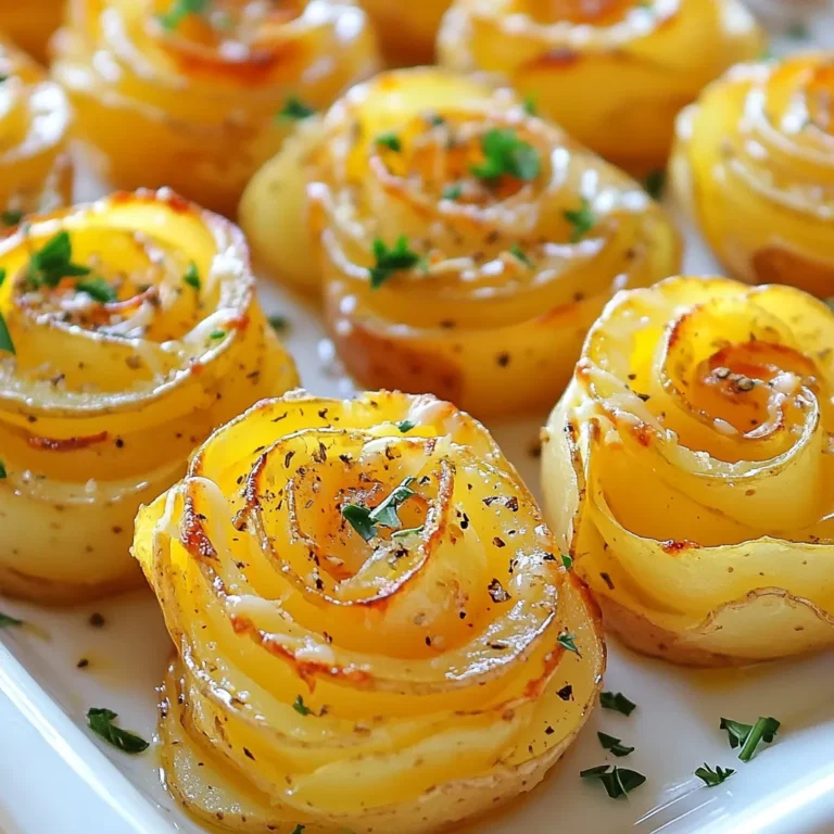 To make potato roses, you need: - 4 medium-sized potatoes (preferably Yukon Gold or red potatoes) - 2 tablespoons olive oil - 1 teaspoon garlic powder - 1 teaspoon dried thyme - 1 teaspoon paprika - Salt and pepper to taste - Fresh parsley for garnish - 1 cup grated cheese (optional, for a cheesy twist) Choose Yukon Gold or red potatoes for the best flavor. These types have a creamy texture. Look for firm potatoes without any soft spots. The skin should be smooth and free of blemishes. These details matter for a great taste. You can add more flavor by mixing in different herbs. Try rosemary or oregano for a unique twist. If you love spice, add some chili powder for heat. Cheese can also change the flavor; cheddar or mozzarella work well. {{ingredient_image_1}} First, preheat your oven to 425°F (220°C). Line a muffin tin with greased foil or silicone liners. This helps the potato roses keep their shape. Next, wash and peel the potatoes. I like to use Yukon Gold or red potatoes for their creamy texture. Slice the potatoes very thinly, about 1/8 inch thick. A mandoline works great for this. Try to make the slices uniform. This ensures even cooking and a lovely look. Now, it's time to assemble the roses. In a large bowl, mix the potato slices with olive oil, garlic powder, thyme, paprika, salt, and pepper. Toss until all the slices are coated. Take one slice and roll it into a tight spiral. Place the roll in the muffin tin. Add more slices around the first roll, layering as you go. Keep adding until the cup is nearly full. If you want a cheesy twist, sprinkle grated cheese on top of each rose. Place the muffin tin in the oven and bake for 30-35 minutes. Your goal is tender potatoes with crispy edges. If your oven runs hot, check earlier to avoid burning. Once done, take them out and let them cool a bit. Carefully remove the potato roses from the tin. Garnish with fresh parsley before serving. Enjoy your beautiful, tasty potato roses! To cut potatoes thinly, use a mandoline or a sharp knife. Aim for slices about 1/8 inch thick. This helps them cook evenly. If you cut them too thick, they won’t crisp up as nicely. Practice makes perfect, so don’t worry if it takes a few tries. To make sure your potato roses hold their shape, use a muffin tin. Line it with greased foil or silicone cups. This support helps the roses stay upright while baking. Start with one slice and roll it tightly. Add more slices around it, layering as you go. Leave a little space between each rose. If you have a convection oven, reduce the cooking time by about 5 minutes. Convection ovens cook food faster and more evenly. For a standard oven, stick to the 30-35 minute range. Always check for tenderness and crispiness before taking them out. Cooking times may vary based on the oven’s power. Pro Tips Choose the Right Potatoes: Yukon Gold or red potatoes work best for their creamy texture and flavor, which help create tender and delicious roses. Uniform Slices are Key: Using a mandoline ensures even slicing, which promotes consistent cooking and helps avoid any undercooked or overcooked pieces. Layering Technique: When placing the potato slices in the muffin tin, try to overlap them slightly to create a more visually appealing rose shape. Creative Toppings: Feel free to experiment with different cheeses or herbs for a unique flavor twist. Cheddar, mozzarella, or even feta can enhance the dish! {{image_2}} You can add cheese to your potato roses for a tasty twist. Use about one cup of grated cheese. Cheddar, mozzarella, or even goat cheese work great here. After you layer the potato slices, sprinkle cheese on top before baking. The melted cheese adds flavor and a nice texture. It makes each bite creamy and rich. You’ll love how the cheese pairs with the crispy edges of the potatoes. You can change the flavor by using different herbs and spices. Instead of just thyme, try rosemary or oregano. For a kick, add some chili flakes or cayenne pepper. You can even use fresh herbs if you have them. Just chop them up and mix them in with the potato slices. These small changes can take your potato roses to a new level. Think about using other vegetables to make your roses pop. Zucchini, carrots, or sweet potatoes can work well. Slice them thinly, just like the potatoes. Mix the colors together for a vibrant look. This will not only taste great but also make your dish eye-catching. Your guests will love the colorful and tasty display on their plates. After enjoying your potato roses, store leftovers in an airtight container. Let them cool down first. Place a paper towel inside to absorb moisture. This helps keep them crispy. Store the container in the fridge. They will stay fresh for about three days. To reheat your potato roses, use the oven. Preheat it to 350°F (175°C). Place the potato roses on a baking sheet. Heat them for about 10-15 minutes. This method keeps them crispy. Avoid using the microwave, as it makes them soggy. If you want to freeze potato roses, let them cool completely. Arrange them on a tray in a single layer. Freeze them for about one hour. Once frozen, transfer them to a freezer bag. Make sure to remove as much air as possible. They can last up to three months in the freezer. When ready to eat, thaw them overnight in the fridge before reheating. Yes, you can use different types of potatoes. Yukon Gold and red potatoes work best. They hold their shape well and have great flavor. Other types, like Russets, can be used too. Just remember, they may not hold their shape as well. Experiment with different varieties for unique tastes! To make potato roses ahead of time, follow these steps: - Prepare the potato slices and season them. - Assemble the roses but do not bake them yet. - Cover the muffin tin with plastic wrap and store it in the fridge. - Bake them when you are ready to serve. This method saves you time! Potato roses pair well with many dishes. Here are some ideas: - Serve them alongside a fresh salad for a light meal. - They go great with grilled meats like chicken or steak. - Try them with a creamy dip or sauce. - You can also serve potato roses with roasted vegetables for a complete meal. These options will make your meal fun and tasty! You learned how to make potato roses from this blog post. We covered the best ingredients, preparation steps, and ways to customize your dish. You now know how to select good potatoes and how to keep the roses in shape while baking. Remember to try cheese or herbs for fun variations. Store leftovers properly for later enjoyment. With these tips, you're ready to impress at your next meal. Enjoy the process and have fun creating!