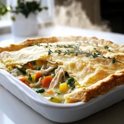 To make a tasty chicken pot pie bake, you'll need the following ingredients: - 2 cups cooked chicken, shredded - 1 cup frozen mixed vegetables (peas, carrots, corn) - 1 cup chicken broth - 1 cup heavy cream - 1/2 cup onion, diced - 2 cloves garlic, minced - 1 teaspoon dried thyme - 1 teaspoon dried rosemary - 1 tablespoon olive oil - Salt and pepper to taste - 1 package of refrigerated pie crusts (2 crusts) - 1 egg, beaten (for egg wash) These ingredients work together to create a warm, creamy filling. The chicken adds protein, while the mixed vegetables provide color and nutrition. You can easily swap ingredients based on what you have: - Use rotisserie chicken for a quick option. - Swap frozen mixed vegetables with fresh ones if you prefer. - For a lighter touch, use half-and-half instead of heavy cream. - Add potatoes for extra heartiness or mushrooms for a rich flavor. - Use vegetable broth for a vegetarian version. These changes can keep the recipe fresh and exciting each time you make it. Garnishes can elevate your dish's look and taste. Consider these options: - Fresh parsley or thyme for a bright touch. - A sprinkle of paprika for color and flavor. - Serve with a side salad for a complete meal. Garnishes add a nice finish and enhance the overall dining experience. First, I start by preheating the oven to 425°F (220°C). This step is key to getting that perfect golden crust. While the oven heats, I choose a 9-inch pie dish or a 2-quart baking dish. Make sure it is clean and dry before adding the filling. Next, I grab a large skillet and pour in a tablespoon of olive oil. I turn the heat to medium. After the oil warms up, I add 1/2 cup of diced onion and 2 cloves of minced garlic. I sauté these for about 3-4 minutes until the onion looks soft and clear. Now, I stir in 2 cups of shredded cooked chicken and 1 cup of frozen mixed vegetables, which includes peas, carrots, and corn. Then, I pour in 1 cup of chicken broth and 1 cup of heavy cream. Adding 1 teaspoon each of dried thyme and rosemary gives it a nice flavor. I also sprinkle in some salt and pepper. I let this mix simmer gently for 5-7 minutes until it thickens just a bit. Once the filling is ready, I carefully transfer it into the baking dish. Then, I roll out one of the refrigerated pie crusts. I place it over the chicken mixture, pressing down the edges to seal it well. I cut slits in the top crust for steam to escape. Finally, I brush the top with a beaten egg for a nice golden shine. I place the dish in the preheated oven and bake for 25-30 minutes. I watch for the crust to turn a lovely golden brown and for the filling to bubble up. Once done, I let it cool for 5-10 minutes before serving. This dish is not just easy; it is also a warm hug in a bowl! To make a great crust, start with chilled pie crusts. Cold crusts bake better. Roll out your dough evenly to avoid thick spots. Press the edges firmly to seal. Cut slits in the top crust for steam to escape. This helps the crust stay crisp. Brush the top with beaten egg for a golden finish. One mistake is not cooking the filling long enough. If it’s too runny, the crust can get soggy. Always let your filling simmer until it thickens a bit. Another mistake is using a crust that is too warm. Warm crusts can lose their shape. Lastly, don’t forget to cut steam vents. This step avoids a messy oven and a soggy pie. Oven types can change baking times. If you have a convection oven, lower the temp by 25°F. This helps the pie cook evenly. If your oven runs hot, check the pie a few minutes early. A good rule is to watch for a golden brown crust. If the filling bubbles, it’s done. Always trust your eyes and nose! {{image_2}} You can easily switch up the protein in your chicken pot pie bake. Try using cooked turkey for a festive twist. Shredded pork also adds a nice flavor. If you love seafood, shrimp or crab can make a delightful dish. Just ensure you cook your proteins before adding them to the mix. This keeps everything safe and tasty. For a vegetarian version, skip the chicken and use more vegetables. You can add mushrooms, zucchini, or bell peppers. Use vegetable broth instead of chicken broth. For a vegan option, replace heavy cream with coconut milk or a nut-based cream. These swaps keep the dish rich and creamy without any animal products. Make your chicken pot pie bake stand out with unique flavors. Add fresh herbs like parsley or basil for a bright boost. You can also try spices like paprika or cumin for a warm kick. A dash of lemon juice can brighten the filling, too. Experimenting with flavors makes each meal special and fun. To keep your Chicken Pot Pie Bake fresh, store it in an airtight container. Let it cool to room temperature first. You want to prevent moisture from building up inside. Place it in the fridge if you plan to eat it within three days. For longer storage, freezing is a great option. When you're ready to enjoy leftovers, reheat them gently. Use the oven for the best results. Preheat your oven to 350°F (175°C). Place the pie in an oven-safe dish. Cover it with foil to keep moisture in. Heat for about 20 minutes or until it's warm throughout. This method helps keep the crust crispy. To freeze your Chicken Pot Pie Bake, make sure it cools completely. Wrap it tightly in plastic wrap, then in aluminum foil. This double wrapping helps prevent freezer burn. You can freeze it for up to three months. When you're ready to eat, thaw it in the fridge overnight before reheating. This way, you'll enjoy a delicious meal that tastes freshly baked! It takes about 25 to 30 minutes to bake chicken pot pie. You want the crust to turn golden brown and the filling to bubble. Preheat your oven to 425°F (220°C) first. This helps ensure even cooking. Yes, you can use store-bought chicken. Rotisserie chicken is a great option. It saves time and adds flavor. Just shred the chicken before mixing it into the filling. This makes the dish even easier to prepare. You can serve many sides with chicken pot pie bake. A fresh green salad pairs nicely. You might also enjoy mashed potatoes or steamed broccoli. These sides add balance to the meal. They also complement the rich flavors of the pot pie. You learned about chicken pot pie bake, from key ingredients to cooking tips. I covered how to prep, bake, and store this dish. Remember, using the right ingredients and techniques makes a big difference. Don't be afraid to try different flavors or proteins for your version. Storing and reheating properly keeps it tasty for later. Use these tips to create a dish that everyone will love. Now, you can enjoy a warm slice of comfort food any time!