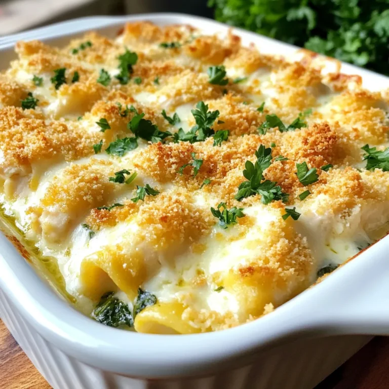 To make the savory chicken and spinach casserole, gather these key ingredients: - 2 cups cooked chicken, shredded - 3 cups fresh spinach, chopped - 1 cup cream cheese, softened - 1 cup shredded mozzarella cheese - ½ cup grated Parmesan cheese - 1 cup sour cream - 1 teaspoon garlic powder - 1 teaspoon onion powder - Salt and pepper to taste - 1 cup breadcrumbs (optional for topping) - 2 tablespoons olive oil You can switch out some ingredients if needed. Here are some options: - Use rotisserie chicken for ease and flavor. - Swap cream cheese for Greek yogurt for a lighter dish. - Try ricotta cheese instead of mozzarella for a different taste. - Use vegetable oil if you run out of olive oil. - For a gluten-free option, skip the breadcrumbs or use gluten-free ones. Choosing fresh ingredients makes a big difference. Here are some tips: - Look for bright green spinach with no yellow spots. - Pick chicken that has no odor and is firm to the touch. - Choose cream cheese that feels soft and smooth. - For cheese, go for brands that are well-known for quality. - Check expiration dates on sour cream and cheeses to ensure freshness. These tips help you make a tasty casserole that everyone will love! {{ingredient_image_1}} Start by gathering all your ingredients. This makes the process smoother. You need cooked chicken, fresh spinach, cream cheese, mozzarella, and sour cream. Don't forget your spices! Measure everything out before you start. This way, you won't miss anything. Chop your spinach finely. This helps it mix well in the dish. Heat olive oil in a skillet over medium heat. Add the chopped spinach. Cook it for about three minutes. You want it wilted but bright green. Remove it from the heat. This step keeps the spinach fresh in flavor. In a big bowl, mix the shredded chicken with the spinach. Add cream cheese, mozzarella, sour cream, garlic powder, and onion powder. Stir until everything blends well. Season with salt and pepper to taste. Preheat your oven to 375°F (190°C). Grease a 9x13 inch baking dish. Spread the chicken and spinach mix evenly in the dish. If you want a crispy top, add breadcrumbs. Finally, sprinkle Parmesan cheese on top. Bake for 25-30 minutes. Look for bubbly and golden cheese. Let it sit for five minutes before serving. Enjoy this warm, cheesy delight! To boost the creaminess of your casserole, use more cream cheese. You can add an extra ½ cup for a richer taste. Mixing in a bit of heavy cream also helps. This will give you a velvety texture. You can also try adding sour cream or Greek yogurt. Both add creaminess and a nice tang. To make this dish healthier, swap some ingredients. Use low-fat cream cheese and sour cream. These cuts reduce calories but still taste great. You can also add more veggies. Zucchini or bell peppers work well. They add fiber and nutrients without many calories. Watch out for overcooking the spinach. Sauté it just until it wilts. You don't want mushy greens. Also, mix your cheeses well. If you don’t blend them, some bites may taste bland. Lastly, let your casserole rest after baking. This helps it set and makes serving easier. Pro Tips Use Rotisserie Chicken: For a quicker prep time, consider using store-bought rotisserie chicken. It adds flavor and saves time on cooking and shredding. Fresh Spinach vs. Frozen: Fresh spinach wilts down nicely, but if you’re short on time, frozen spinach works well too. Just ensure you thaw and drain it properly to avoid excess moisture. Cheese Variations: Feel free to experiment with different cheeses. Cheddar or gouda can add a unique twist to the flavor profile of this dish. Make-Ahead Option: This casserole can be prepared in advance and stored in the fridge. Just bake it when you're ready to serve for a convenient meal option. {{image_2}} You can add many vegetables to your casserole. Carrots, bell peppers, or mushrooms work great. Just chop them up and sauté them with the spinach. This adds color and nutrients. You can even try broccoli for a nice crunch. Mixing different veggies keeps the dish fresh and fun. Feel free to swap out the chicken. Turkey or cooked shrimp are tasty options too. If you want a vegetarian dish, use beans or lentils. These options add great flavor and protein. Each protein brings its own taste, so experiment and find your favorite. Cheese is key to a tasty casserole. If you want a twist, try different cheeses. Cheddar or gouda can add a sharp flavor. For a creamier dish, use cream cheese or ricotta. Mixing cheeses can create a unique taste. Just remember to keep some mozzarella for that lovely melt! To keep your savory chicken and spinach casserole fresh, store it in an airtight container. Make sure it cools down before you seal it. This helps avoid moisture buildup, which can make it soggy. You can use glass or plastic containers. Just remember to label them with the date. This way, you know when you made it. When you are ready to enjoy the leftovers, preheat your oven to 350°F (175°C). Place the casserole in an oven-safe dish. Cover it with foil to keep it from drying out. Heat for about 20-25 minutes or until it's hot throughout. You can also use a microwave. Heat individual portions for about 2-3 minutes, checking every minute to make sure it warms evenly. If you want to save the casserole for a later meal, freezing is a great option. First, let it cool completely. Then, place it in a freezer-safe container or wrap it tightly in plastic wrap. You can also use aluminum foil. It can last for up to three months in the freezer. When you're ready to eat it, thaw it overnight in the fridge. Then, reheat it in the oven for the best taste. Yes, you can use frozen spinach. Just thaw it first and drain the excess water. This step is key to avoid a watery casserole. Frozen spinach is a great time-saver and still offers good flavor. It works well when you need a quick meal. This casserole lasts about three to four days in the fridge. Make sure to store it in an airtight container. This keeps it fresh and safe to eat. If you notice any signs of spoilage, it’s best to throw it out. Absolutely! You can prepare the casserole a day ahead. Just mix all the ingredients and store it in the fridge. Bake it when you are ready to serve. This makes it a perfect dish for busy days or gatherings. This blog post covered essential ingredients and step-by-step cooking instructions. We explored helpful tips for adding flavor and keeping your dish healthy. I shared ideas for variations, like using different veggies or proteins. You learned how to store and reheat leftovers properly. Remember, fresh ingredients make all the difference. Explore your options and have fun while cooking. Cooking should be simple and enjoyable. Try new things, and don't stress. Embrace the process and enjoy your meals!