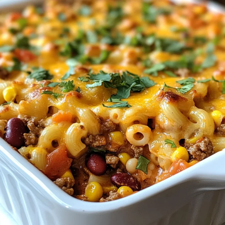- 1 lb ground beef - 1 cup onion, diced - 2 cloves garlic, minced - 1 can (15 oz) kidney beans, rinsed and drained - 1 can (15 oz) diced tomatoes with green chilies - 1 cup corn kernels (fresh or frozen) - 1 cup uncooked elbow macaroni - 2 cups beef broth - 1 tablespoon chili powder - 1 teaspoon cumin - Salt and pepper to taste - 1 cup shredded cheddar cheese - Fresh cilantro or parsley for garnish For this recipe, accuracy matters. Each ingredient has a specific role. - I use 1 pound of ground beef for a rich taste. - One cup of diced onion adds sweetness. - Two cloves of minced garlic give a nice kick. - The kidney beans add protein and fiber. - The diced tomatoes with chilies bring heat and moisture. - Fresh or frozen corn adds sweetness and texture. - One cup of uncooked macaroni makes it hearty. - Two cups of beef broth keep it moist. - Chili powder and cumin add depth. - Salt and pepper balance the flavors. - Finally, one cup of shredded cheddar cheese tops it off perfectly. You can boost the dish with some extras. Here are a few ideas: - Add one chopped bell pepper for more color and crunch. - A teaspoon of smoked paprika gives a nice smoky touch. - Toss in some fresh jalapeños for heat. - For a touch of sweetness, mix in a tablespoon of brown sugar. - You can swap the cheddar for Monterey Jack for a creamier finish. These options let you make the dish your own. Enjoy creating your perfect hobo beef casserole! {{ingredient_image_1}} First, preheat your oven to 350°F (175°C). This step is key for even cooking. Grab a large skillet and put it on medium-high heat. You’ll want to cook the ground beef in this skillet. Add 1 pound of ground beef to the skillet. Cook it for about 5 to 7 minutes. Stir it often until it is nicely browned. Drain any fat that gathers in the pan. Next, add 1 cup of diced onion and 2 cloves of minced garlic. Sauté these for 3 to 4 minutes. You want the onion to turn soft and clear. Now, mix in 1 can of rinsed kidney beans, 1 can of diced tomatoes with green chilies, and 1 cup of corn. Add 1 cup of uncooked elbow macaroni and 2 cups of beef broth. Sprinkle in 1 tablespoon of chili powder, 1 teaspoon of cumin, and some salt and pepper. Stir everything well and bring the mixture to a simmer. Let it cook for about 5 minutes. This helps all the flavors blend together. Now it's time to put everything together. Pour the beef and macaroni mix into a greased 9x13-inch baking dish. Cover it tightly with aluminum foil. Bake it in the preheated oven for 25 minutes. After that, take off the foil and sprinkle 1 cup of shredded cheddar cheese on top. Return it to the oven and bake for another 10 to 15 minutes. You want the cheese to melt and bubble up. Once it is done, let the dish cool for a few minutes. You can then garnish it with fresh cilantro or parsley before serving. Enjoy your hearty hobo beef casserole! When cooking ground beef, always start with a hot pan. This helps brown the meat evenly. Break the beef apart as it cooks. Use a wooden spoon for this task. Drain excess fat after browning. This keeps your dish from being greasy. Season with salt and pepper while cooking. This builds flavor right from the start. To get that gooey, melted cheese topping, use shredded cheese. Shredded cheese melts better than slices. Add the cheese towards the end of baking. This keeps it from burning. Bake uncovered for about 10-15 minutes. Watch for the cheese to bubble and turn golden. Let it rest for a few minutes after baking. This makes serving easier and ensures it holds its shape. To boost the flavors in your casserole, try adding herbs. Fresh cilantro or parsley adds a bright touch. You can also mix in spices like smoked paprika for a smoky flavor. If you like heat, add some diced jalapeños. Consider using different beans for variety, like black beans or pinto beans. A splash of lime juice just before serving gives it a fresh kick. All these tips can make your Hobo Beef Casserole even more delicious! Pro Tips Use Lean Ground Beef: Opting for lean ground beef will reduce the amount of grease in your casserole, making it healthier and allowing the other flavors to shine. Mix in Extra Veggies: Feel free to add more vegetables like bell peppers, zucchini, or even spinach to increase the nutritional value and add more texture. Customize the Spices: Adjust the chili powder and cumin according to your spice preference. You can also add a pinch of cayenne for extra heat! Rest Before Serving: Allow the casserole to rest for about 5-10 minutes after baking. This will help it set and make it easier to serve. {{image_2}} You can easily make a vegetarian version. Replace the ground beef with lentils or mushrooms. Use vegetable broth instead of beef broth. This swap keeps the dish hearty and filling. You can also add extra beans or chickpeas for protein. Do you have food allergies? You can make simple swaps to fit your needs. For a dairy-free option, use vegan cheese. If you need gluten-free, swap elbow macaroni for gluten-free pasta. Ensure to check labels for safe ingredients. This way, everyone at the table can enjoy the meal. Want some heat? Add diced jalapeños or a pinch of cayenne pepper. For a mild version, skip the chili powder. You can also use sweet bell peppers instead. Adjust spices based on what your family likes best. Make it fun to explore flavors! After enjoying your Hobo Beef Casserole, let it cool down first. Store leftovers in an airtight container. This keeps it fresh and tasty. You can keep it in the fridge for up to three days. Make sure to label the date on the container. This way, you know when to eat it. To reheat, take a serving from the fridge. Place it in a microwave-safe dish. Cover it with a lid or microwave-safe wrap. Heat it on medium power for about 2-3 minutes. Stir halfway to heat evenly. If you prefer the oven, set it to 350°F (175°C). Bake for about 15-20 minutes. Check that it’s hot all the way through. If you want to keep it longer, freezing is a great option. Portion the casserole into smaller containers. This makes it easy to thaw only what you need. Wrap each container tightly with plastic wrap and aluminum foil. This prevents freezer burn. Label each container with the date. You can freeze it for up to three months. When ready to eat, thaw it overnight in the fridge before reheating. You can serve a salad or garlic bread with Hobo Beef Casserole. A fresh green salad adds crunch and color. You can also pair it with cornbread for a sweet touch. If you want something light, try steamed veggies. They balance the rich casserole well. Yes, you can make Hobo Beef Casserole ahead of time. Prepare the casserole, but do not bake it. Cover it and store it in the fridge for up to two days. When ready, just pop it in the oven. This saves time on busy nights. To make Hobo Beef Casserole gluten-free, swap the elbow macaroni for gluten-free pasta. You can find many brands that taste great. Check the beef broth to ensure it is gluten-free as well. With these changes, you can enjoy this dish safely. This blog post covered everything you need for a great Hobo Beef Casserole. You learned about the key ingredients and easy steps to make it. We also explored helpful tips to cook beef and get that cheese just right. You can try different versions, like vegetarian or spicy. Finally, I shared how to store and reheat leftovers. Making this dish can be fun and simple. Don’t be afraid to get creative with flavors. Enjoy your cooking adventure!