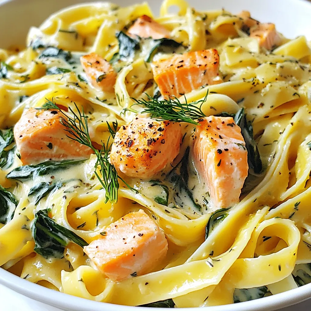 For the perfect Salmon Spinach Pasta, gather these fresh ingredients: - 200g fettuccine pasta - 2 skinless salmon fillets - 2 cups fresh spinach - 1 clove garlic, minced - 1 tablespoon olive oil - 1 cup heavy cream - 1/2 cup grated Parmesan cheese - Zest of 1 lemon - Salt and pepper to taste - Fresh dill for garnish Let’s talk about measurements and substitutions. You can use any pasta you like. If you prefer whole wheat, go ahead! For the salmon, fresh is best, but frozen works too. Just make sure it's thawed. If you're low on heavy cream, use half-and-half for a lighter sauce. You can swap in nutritional yeast for the Parmesan if you want a vegan option. Freshness matters in this dish. Always choose bright green spinach. Look for firm salmon fillets with no fishy smell. For the garlic, use fresh cloves for the best flavor. When possible, buy ingredients from local markets. This choice supports farmers and gives you the freshest items. Store leftovers in an airtight container in the fridge for up to three days. Enjoy your cooking adventure! {{ingredient_image_1}} Bring a large pot of salted water to a boil. Add the fettuccine and cook it according to the package instructions. You want it al dente, or firm to the bite. This usually takes about 8-10 minutes. Drain the pasta and set it aside, but save a cup of pasta water. This water helps later to adjust the sauce. While your pasta cooks, get your salmon ready. Season the skinless salmon fillets with salt and pepper. Heat a tablespoon of olive oil in a large skillet over medium heat. Add the salmon fillets to the skillet and cook them for about 4-5 minutes on each side. You want them to be fully cooked but not dry. Once done, remove them from the skillet and use a fork to flake the salmon into bite-sized chunks. In the same skillet, add the minced garlic. Sauté it for about 30 seconds until it becomes fragrant. Then, add the fresh spinach. Cook it for about 2 minutes until it wilts down. This adds a nice flavor and color to your dish. Now, lower the heat and pour in the heavy cream. Stir it in to combine it with the garlic and spinach. Next, add the grated Parmesan cheese and lemon zest. Mix it well until the cheese melts and the sauce is creamy. If it seems too thick, add a bit of the reserved pasta water until you reach the right consistency. Gently toss the cooked fettuccine and flaked salmon into the creamy sauce. Stir everything together until the pasta and salmon are well-coated. Heat everything through. Taste and adjust the seasoning with more salt and pepper if needed. Plate the pasta in serving bowls. For an aromatic touch, garnish with freshly chopped dill. This adds a lovely color and flavor to your meal. Enjoy your Salmon Spinach Pasta straight away for the best taste! To cook salmon just right, use skinless fillets. Season them with salt and pepper. Heat olive oil in your skillet over medium heat. Cook the salmon for about 4-5 minutes on each side. You want it to flake easily. If it’s tough, you cooked it too long. Keep an eye on it to get that perfect texture. Start with a large pot of boiling salted water. Add the fettuccine and cook until al dente. This means it should have a little bite to it. Drain the pasta but save a cup of the water. This water can help thin your sauce later if it’s too thick. Mixing the pasta while it's hot helps it soak up flavors. For extra flavor, try adding fresh herbs like basil or parsley. You can also toss in some cherry tomatoes for a pop of color and taste. A squeeze of lemon juice brightens the dish. For a bit of heat, add red pepper flakes. These small changes can elevate your meal to a new level. Pro Tips Use Fresh Ingredients: Fresh salmon and spinach will elevate the dish's flavor and nutritional value, making your pasta truly delightful. Perfect Pasta Cooking: Make sure to cook the fettuccine until al dente for the best texture; it will continue to cook slightly when mixed with the sauce. Customize the Sauce: Feel free to add herbs like basil or a pinch of red pepper flakes for an extra kick of flavor in the creamy sauce. Garnish for Presentation: A sprinkle of freshly chopped dill not only adds a pop of color but also enhances the dish's aroma. {{image_2}} If you want to switch things up, try using chicken or shrimp instead of salmon. For chicken, use boneless, skinless thighs or breasts. Season them with salt and pepper. Cook in the skillet until golden brown. Shrimp cooks quickly, so add them last. Just sauté until they turn pink and opaque. While I love fettuccine, you can use other pasta shapes too. Penne or fusilli work well with the creamy sauce. They hold the sauce nicely. You can even try whole wheat or gluten-free pasta for a healthier option. Just follow package instructions for cooking times. To make this dish dairy-free, swap the heavy cream with coconut milk or cashew cream. Both will keep the creaminess. For the cheese, use nutritional yeast or a dairy-free cheese substitute. This way, you can enjoy the same great flavors without dairy. To store Salmon Spinach Pasta, let it cool first. Place it in an airtight container. This keeps it fresh for up to three days in the fridge. Make sure to seal it well to avoid drying out. If you add more cream while storing, it will stay creamy longer. Reheat the pasta gently. You can use the microwave or a skillet. If using the microwave, cover the dish and heat in short bursts. Stir between each burst to ensure even heat. If using a skillet, add a splash of water or cream. This helps to bring back the creamy texture. Heat over low heat, stirring often. You can freeze Salmon Spinach Pasta for up to two months. Divide it into portions before freezing. Use freezer-safe bags or containers. Remove as much air as possible to prevent freezer burn. When you are ready to eat, thaw it overnight in the fridge. Then, reheat it as described above. This keeps the flavors fresh and delicious. You can use milk or half-and-half instead of heavy cream. They will give a lighter sauce. For a dairy-free option, try coconut cream or cashew cream. These options keep the dish rich and tasty. Store leftover Salmon Spinach Pasta in the fridge for up to three days. Place it in an airtight container to keep it fresh. Reheat it gently on the stove or in the microwave. Yes, you can prepare parts of this dish ahead. Cook the pasta and salmon earlier in the day. Store them separately in the fridge. Add the spinach and sauce just before serving for the best flavor. A fresh salad or garlic bread goes well with this dish. You can also serve it with roasted vegetables. These sides complement the creamy pasta and add more texture to your meal. Absolutely! Salmon Spinach Pasta is great for meal prep. Cook it in advance and divide it into portions. You can enjoy it throughout the week for lunch or dinner. Just store it in the fridge and reheat as needed. This blog post covers the key steps to make Salmon Spinach Pasta. We went over ingredients, including measurements and freshness tips. The step-by-step guide showed how to cook pasta, prepare salmon, and create the sauce. I shared tips for the best results and variations for different diets. Finally, we discussed storage and answered common questions. With this knowledge, you can cook a delicious and satisfying meal. Enjoy impressing your family and friends with this tasty dish!