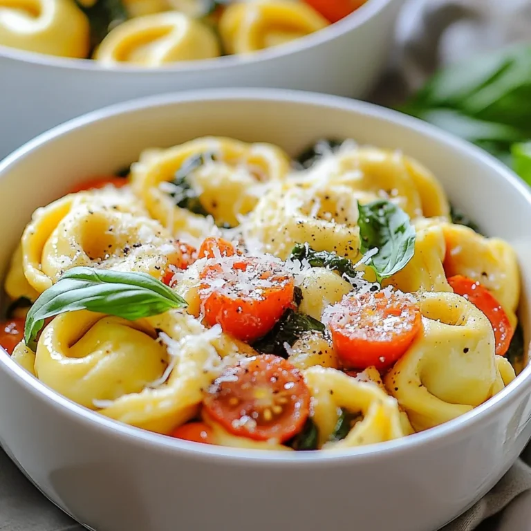 - 12 oz cheese tortellini (fresh or frozen) - 1 tablespoon olive oil - 4 cloves garlic, minced - 1 cup heavy cream - 1 cup diced tomatoes (canned or fresh) - 1/2 teaspoon red pepper flakes (adjust to taste) - 1 teaspoon Italian seasoning - Salt and pepper to taste - 1 cup fresh spinach, roughly chopped - 1/2 cup grated Parmesan cheese - Fresh basil leaves for garnish - Additional vegetables (e.g., bell peppers, mushrooms) - Protein options (e.g., chicken, shrimp) - Flavor boosters (e.g., lemon zest, sundried tomatoes) I love how this dish combines simple ingredients to create something amazing. You can use fresh or frozen cheese tortellini. I often choose fresh because it cooks quickly. Olive oil gives a nice base, while garlic adds a fragrant kick. Heavy cream makes the sauce rich and creamy. Diced tomatoes add color and flavor, balancing the cream. Red pepper flakes give a gentle heat. You can adjust this based on your taste. Italian seasoning adds depth, while salt and pepper enhance all the flavors. Fresh spinach brings in a pop of color and nutrition. Finally, grated Parmesan cheese melts into the sauce, making it even tastier. If you want to personalize the dish, consider some add-ins. Bell peppers and mushrooms can add more veggies. Chicken or shrimp can turn this into a heartier meal. For a bright twist, add lemon zest or sundried tomatoes for extra flavor. This dish is all about making it your own! {{ingredient_image_1}} To boil tortellini, fill a large pot with salted water. Bring it to a rolling boil. Add the cheese tortellini and cook as directed on the package. It usually takes about 3-5 minutes. Check for al dente texture; it should be firm yet tender. After cooking, drain the tortellini well and set aside. For the garlic, heat olive oil in a large skillet over medium heat. Add minced garlic and sauté for about 1 minute. Watch closely to prevent burning. You want the garlic fragrant, not brown. Timing is key here; it enhances the flavor of the whole dish. To make the cream sauce, pour the heavy cream into the skillet with the garlic. Bring it to a gentle simmer. Next, add diced tomatoes, red pepper flakes, and Italian seasoning. Stir well to mix. Season with salt and pepper. This sauce needs to be creamy but not too thick. Now, stir in the chopped spinach and let it wilt for about 2-3 minutes. Make sure to stir occasionally. Once the spinach is wilted, add the cooked tortellini to the skillet. Toss gently to coat the tortellini in the creamy sauce. Sprinkle in the grated Parmesan cheese and mix until it melts. This step is crucial for a rich flavor. To make Marry Me Tortellini just right, you can adjust the spiciness. A pinch of red pepper flakes can add a nice kick. Start with half a teaspoon. Taste it, then add more if you like. This lets you control the heat to match your taste. Adding more vegetables can balance the richness of the cream. Try bell peppers or mushrooms for extra flavor and texture. This makes the dish healthier and more colorful too. When plating Marry Me Tortellini, shallow bowls work best. This lets you show off the creamy sauce. Sprinkle extra Parmesan cheese on top for a cheesy touch. Fresh basil leaves add a pop of color and flavor. A light drizzle of olive oil can finish the dish beautifully. For the best results, use a large pot for boiling the tortellini. A non-stick skillet is great for making the sauce. It helps prevent sticking and burning. Essential kitchen tools include a sharp knife for chopping and a wooden spoon for stirring. These tools make the cooking process smooth and easy. Pro Tips Cook Tortellini Al Dente: Ensure the tortellini is cooked al dente for the best texture. It will continue to cook slightly when mixed with the sauce. Customize the Heat: Adjust the amount of red pepper flakes according to your spice preference. You can always add more, but it’s hard to take it out! Use Fresh Ingredients: Whenever possible, opt for fresh tomatoes and spinach to enhance the flavor and nutritional value of the dish. Perfect Presentation: For an elegant touch, serve in shallow bowls and add a swirl of olive oil on top before garnishing with basil and extra Parmesan. {{image_2}} You can easily make Marry Me Tortellini vegetarian. Just swap the cheese tortellini for a plant-based version. Many brands now offer great flavors. You can also add more veggies. Think bell peppers, zucchini, or mushrooms. This boosts nutrients and flavor. Try to use fresh spinach, too. It adds color and a nice texture. For those who need gluten-free options, there are plenty of choices. Look for gluten-free tortellini brands. They taste good and work well in this dish. When making the sauce, check the labels on your cream and seasonings. Make sure they are gluten-free. This keeps everyone at the table happy. Want to switch things up? Change the seasonings! You can try pesto for a fresh twist. A little lemon-garlic can also brighten the dish. Feeling adventurous? Add artichokes or olives for a fun flavor kick. These simple changes make the dish unique and exciting. To keep your Marry Me Tortellini fresh, store it in an airtight container. Place it in the fridge right away. This dish lasts about three to four days in the refrigerator. If you want to save it longer, consider freezing it. In the freezer, it can keep for up to three months. Just make sure to separate portions. This way, you can pull out only what you need. When reheating, I recommend using the stovetop. It helps keep the creamy texture. Add a splash of cream or water to help the sauce stay smooth. Heat it on low, stirring gently. If you prefer the microwave, use a microwave-safe dish. Cover it with a paper towel to prevent splatters. Heat in short bursts, stirring in between. This method works well but may not keep the sauce as creamy as the stovetop. The name "Marry Me" Tortellini comes from its rich flavor. Many say it tastes so good that it can inspire love. The creamy sauce, fresh spinach, and cheesy tortellini create a dish that feels special. It's perfect for a date night or special occasion. Yes, you can prepare this dish in advance. Cook the tortellini and sauce separately. Store them in the fridge for up to 2 days. When ready to serve, combine them and heat gently. This way, you save time on busy days. Serve Marry Me Tortellini in shallow bowls. Pair it with a side salad or garlic bread. A light white wine, like Pinot Grigio, complements the flavors well. Fresh basil on top adds a lovely touch. Absolutely! This dish is great for meal prep. You can scale the recipe up for batch cooking. Store portions in airtight containers. Reheat them for a quick, delicious meal during the week. This blog post explored the delicious Marry Me Tortellini. We covered key ingredients and options for add-ins. I shared step-by-step instructions for cooking and making the sauce. Tips helped you perfect this dish’s flavor and presentation. In final thoughts, the dish is versatile and easy to customize. Enjoy experimenting with different flavors and ingredients. Perfect for any meal, it is sure to impress!