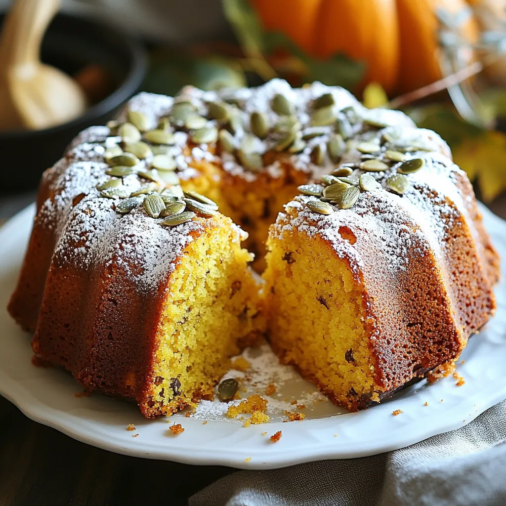 To make this delightful pumpkin coffee cake, gather these key ingredients: - 1 cup all-purpose flour - 1 cup whole wheat flour - 1 teaspoon baking powder - 1 teaspoon baking soda - 1 teaspoon ground cinnamon - 1/2 teaspoon ground nutmeg - 1/2 teaspoon ground ginger - 1/2 teaspoon salt - 1/2 cup unsalted butter, softened - 1 cup brown sugar, packed - 1/2 cup granulated sugar - 2 large eggs - 1 cup pure pumpkin puree - 1 teaspoon vanilla extract - 1/2 cup chopped nuts (walnuts or pecans) - 1/4 cup pumpkin seeds (for topping) These ingredients create a moist, spiced cake that pairs perfectly with coffee. You can customize this cake with these optional items: - 1/2 cup chocolate chips - 1/4 cup dried cranberries - 1/2 teaspoon of ground cloves Adding chocolate chips or cranberries gives the cake a fun twist. If you have allergies, consider these substitutions: - Use gluten-free flour for a gluten-free version. - Swap butter for coconut oil or vegan butter for dairy-free needs. - Substitute eggs with flax eggs (1 tablespoon ground flaxseed mixed with 3 tablespoons water) for a vegan option. These swaps keep the cake tasty while making it safe for everyone. {{ingredient_image_1}} First, you need to preheat your oven to 350°F (175°C). This step is key, as it helps the cake rise. While the oven heats, grease and flour a 9x13 inch baking pan. This will keep the cake from sticking. Next, grab two bowls. In a medium bowl, whisk together the dry ingredients. You will mix the all-purpose flour, whole wheat flour, baking powder, baking soda, ground cinnamon, nutmeg, ginger, and salt. Set this bowl aside. In a large bowl, cream the softened butter with brown sugar and granulated sugar. Use an electric mixer for this. Beat until it is light and fluffy. Now, add the eggs one at a time. Mix well after each egg. Then, add the pumpkin puree and vanilla extract. Stir until the mixture is smooth. Gradually add the dry ingredients to the wet mixture. Stir until just combined. Be careful not to overmix. Finally, fold in the chopped nuts gently. Now, pour the batter into your prepared pan. Spread it evenly and sprinkle pumpkin seeds on top for a nice touch. Place the pan in the preheated oven and bake for 35-40 minutes. To check if it is done, insert a toothpick in the center. If it comes out clean, it’s ready. Let the cake cool in the pan for 10 minutes. After that, transfer it to a wire rack to cool completely. This step helps keep the cake moist. To bake a perfect pumpkin coffee cake, follow these tips: - Measure Ingredients: Use dry and wet measuring cups. Accurate measurements matter. - Room Temperature Items: Let eggs and butter sit out before mixing. This helps blend well. - Preheat Your Oven: Always preheat to 350°F (175°C) before baking. This ensures even cooking. - Grease the Pan: Use butter or cooking spray to avoid sticking. Flour the pan too. To know if your cake is ready, use a toothpick. Insert it into the center. If it comes out clean, it's done! Here are some signs: - The edges pull away from the pan. - The top springs back when gently pressed. - A golden brown color appears on the surface. To make your pumpkin coffee cake even better, try these ideas: - Add Spices: A pinch of cloves or allspice boosts warmth and depth. - Mix in Fruits: Chopped apples or cranberries add sweetness and moisture. - Use Different Nuts: Walnuts or pecans give a nice crunch. You can even toast them for more flavor. - Top with Cream Cheese Frosting: A light layer adds richness and pairs well with pumpkin. By following these tips and tricks, you will create a delightful pumpkin coffee cake that everyone will love. Enjoy your baking adventure! Pro Tips Use Fresh Spices: For the best flavor, use fresh ground spices instead of pre-ground. This enhances the aroma and taste of your cake. Check for Doneness: Insert a toothpick in the center; if it comes out clean or with a few moist crumbs, your cake is done. Avoid overbaking! Cool Completely: Allow the cake to cool completely before slicing. This ensures cleaner cuts and better texture. Storage Tips: Store any leftovers in an airtight container at room temperature for up to three days, or refrigerate for longer freshness. {{image_2}} You can change the nuts in this recipe for a new twist. I love using walnuts or pecans. They add a nice crunch. If you want something different, try almonds or hazelnuts. Both will give a unique flavor to the cake. Chop them up before adding to the batter. This way, you get the best taste in every bite. Want to make this cake gluten-free? It's easy! You can replace all-purpose flour with a gluten-free blend. Look for one that works in baking. Make sure it contains xanthan gum; this helps with texture. You can also use almond flour or coconut flour. Just mix them with a little more pumpkin puree for moisture. You can add fun seasonal flavors to your cake, too! Try mixing in some dried cranberries or raisins for a sweet bite. Chopped apples can add a nice crunch and flavor. For a spicier kick, add a dash of cloves or allspice. These tiny changes can lift this cake from good to amazing. Each season brings new ideas, so feel free to get creative! To keep your pumpkin coffee cake fresh, store it in an airtight container. This helps prevent it from drying out. You can keep it at room temperature for up to three days. If you want it to last longer, refrigerate it. In the fridge, it can stay good for about a week. Just remember to let it come back to room temperature before enjoying it. If you want to save some for later, freezing is a great option. Wrap the cooled cake tightly in plastic wrap. Then, place it in a freezer bag or container. This will help keep it safe from freezer burn. You can freeze it for up to three months. When you're ready to eat it, thaw it overnight in the fridge. After thawing, let it sit at room temperature for a bit before serving. To reheat your pumpkin coffee cake, you have a few simple options. You can use a microwave for quick heating. Heat a slice for about 15 to 20 seconds. If you prefer a crispy top, use an oven. Preheat your oven to 350°F (175°C). Place the cake on a baking sheet and warm it for about 10 minutes. This way, it tastes fresh and delicious again! Yes, you can make this pumpkin coffee cake dairy-free. Use plant-based butter or coconut oil instead of unsalted butter. For the eggs, try flaxseed or chia seeds mixed with water. This will give you a great texture and flavor without dairy. To make this pumpkin coffee cake healthier, you can swap some ingredients. Use whole wheat flour for all-purpose flour. You can also reduce the sugar by using less brown sugar or by adding mashed bananas. Adding applesauce can keep it moist while cutting calories. Pumpkin coffee cake lasts about 3-4 days at room temperature. Make sure to store it in an airtight container. If you want it to last longer, you can freeze it. Wrapped well, it can stay fresh for up to 3 months. This blog covered everything you need to know for baking pumpkin coffee cake. We looked at required and optional ingredients, along with safe substitutions for allergies. You learned step-by-step instructions, key tips, and ways to enhance flavor. We also explored variations to suit your taste and storage methods to keep it fresh. Baking this cake can be fun and easy. Use these tips to create your perfect dessert. Enjoy every bite!