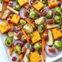 Here is what you need for this tasty dish: - 1 medium butternut squash, peeled and cubed - 2 cups Brussels sprouts, halved - 1 red onion, sliced into wedges - 2 cups carrots, peeled and cut into sticks - 1 cup parsnips, peeled and sliced - 4 tablespoons olive oil - 2 teaspoons dried thyme - 1 teaspoon smoked paprika - Salt and pepper to taste - ¼ cup pecans, roughly chopped - ¼ cup dried cranberries Gather these fresh veggies. They bring color and flavor. The butternut squash adds sweetness. Brussels sprouts give a nice crunch. Red onion adds a bit of zing. Carrots and parsnips add earthiness. Olive oil helps them roast to perfection. Thyme and smoked paprika create warm, cozy notes. Salt and pepper boost the flavors. Pecans add crunch, while cranberries offer a sweet touch. This mix makes a great fall meal. Enjoy the harmony of these flavors! First, set your oven to 425°F (220°C). This high heat helps the veggies caramelize. Next, grab a large sheet pan and line it with parchment paper. This step makes clean-up easy and keeps the veggies from sticking. Take your butternut squash and peel it. Cut it into small cubes. Next, halve the Brussels sprouts and slice the red onion into wedges. For the carrots, peel and cut them into sticks. Do the same with the parsnips, peeling and slicing them. Place all the chopped veggies in a large bowl. Drizzle the olive oil over them. Then, sprinkle the dried thyme, smoked paprika, salt, and pepper on top. Use your hands to mix everything well. Make sure each piece gets coated in oil and spices. Spread the vegetable mix on your lined sheet pan. Make sure they are in a single layer. This helps them roast evenly. If they are too crowded, they might steam instead of roast. Place the pan in the oven and roast for 25-30 minutes. Halfway through, take the pan out and stir the veggies. This helps them cook evenly and get that nice brown color. When they are fork-tender and caramelized, they are ready. For the final touch, add the chopped pecans and dried cranberries. Stir them in and put the pan back in the oven for another 5 minutes. This toasts the nuts and adds great flavor. Enjoy your warm, roasted fall veggies! To get a nice roast, avoid overcrowding the pan. When veggies are too close, they steam instead of roast. Spread them out in one layer. This allows hot air to flow and crisp the edges. Place the pan in the center of your oven. This spot gives even heat for the best results. To boost flavor, use herbs and spices like thyme and smoked paprika. Thyme adds earthiness, while smoked paprika gives a warm, smoky taste. You can also add some acidity or sweetness. A splash of lemon juice or a drizzle of honey brightens the dish. This balance makes every bite pop. This dish pairs well with proteins like chicken or fish. Roasted veggies add a colorful touch to your plate. For sides, consider a simple green salad or grains like quinoa. These sides round out your meal and add more texture. {{image_2}} You can change up the veggies for more fun. Try using seasonal vegetables like sweet potatoes, cauliflower, or beets. Each gives a new taste. You can also add vegetables like zucchini or bell peppers for color. If you want extra flavor, consider adding garlic or fresh herbs like rosemary or sage. These add depth and make the dish even better. This recipe is easy to make vegan and gluten-free. Instead of olive oil, use avocado oil for a different flavor. You can also swap in sunflower seeds for pecans if you want a nut-free option. For texture, keep the veggies cut small. This helps them cook well and taste great. Always check labels to ensure any packaged items are gluten-free. If you want to try different methods, use an air fryer. Set it to 400°F and cook for about 18-20 minutes. Shake the basket halfway through for even cooking. You can also grill the veggies. Just toss them in a grill basket and cook over medium heat for about 15-20 minutes. Cooking times may vary, so check for tenderness and char. To keep your roasted veggies fresh, store them in an airtight container. Place the container in the fridge. This method helps the veggies stay tasty. They will last about 3 to 5 days in the fridge. If you want to keep them longer, freezing is a good option. When reheating, the oven is your best friend. Preheat it to 350°F (175°C). Spread the veggies on a baking sheet. This keeps them from getting soggy. Bake for about 10 to 15 minutes. Check to make sure they are hot throughout. You can also use the microwave, but be careful. Microwaving may make them soft if you heat too long. To freeze leftovers, let them cool first. Once cooled, place them in a freezer-safe bag. Squeeze out the air and seal it tight. This helps avoid freezer burn. When ready to eat, thaw in the fridge overnight. Reheat them in the oven to keep the texture. Enjoy your delicious roasted veggies again! For roasting, I love using a mix of vegetables. Seasonal options are great! In fall, try these: - Butternut squash - Brussels sprouts - Carrots - Parsnips - Red onion These veggies roast well and give a nice mix of flavors and textures. Butternut squash becomes sweet and creamy. Brussels sprouts get crispy on the edges. Carrots add a touch of sweetness. Parsnips bring an earthy note, and red onion caramelizes beautifully. Yes, you can easily add protein! It turns the dish into a full meal. Here are some ideas: - Chicken thighs or breasts - Sausages - Tofu or tempeh for a vegan option If you add protein, check cooking times. Chicken needs about 25-30 minutes like the veggies, but sausages may need 20-25 minutes. Tofu cooks quickly, so check after 15 minutes. Adjust the time to ensure everything is cooked well. To add some spice, consider these options: - Red pepper flakes - Cayenne pepper - Chili powder Start with a small amount. You can always add more later. Mix the spices with olive oil before tossing with veggies. This helps spread the heat evenly. Balance the spice with sweet elements like dried cranberries. The sweetness will help cool the heat a bit and create a tasty contrast. This article covers how to prepare a tasty roasted vegetable dish. We explored the best ingredients, step-by-step roasting instructions, and key tips for optimal flavor. From seasonal vegetable swaps to cooking methods, you now have many ideas to make this dish your own. Remember, storing and reheating leftovers is simple, so you can enjoy this meal again. I hope you feel inspired to create your own delicious variations and share them with friends and family. Enjoy roasting!